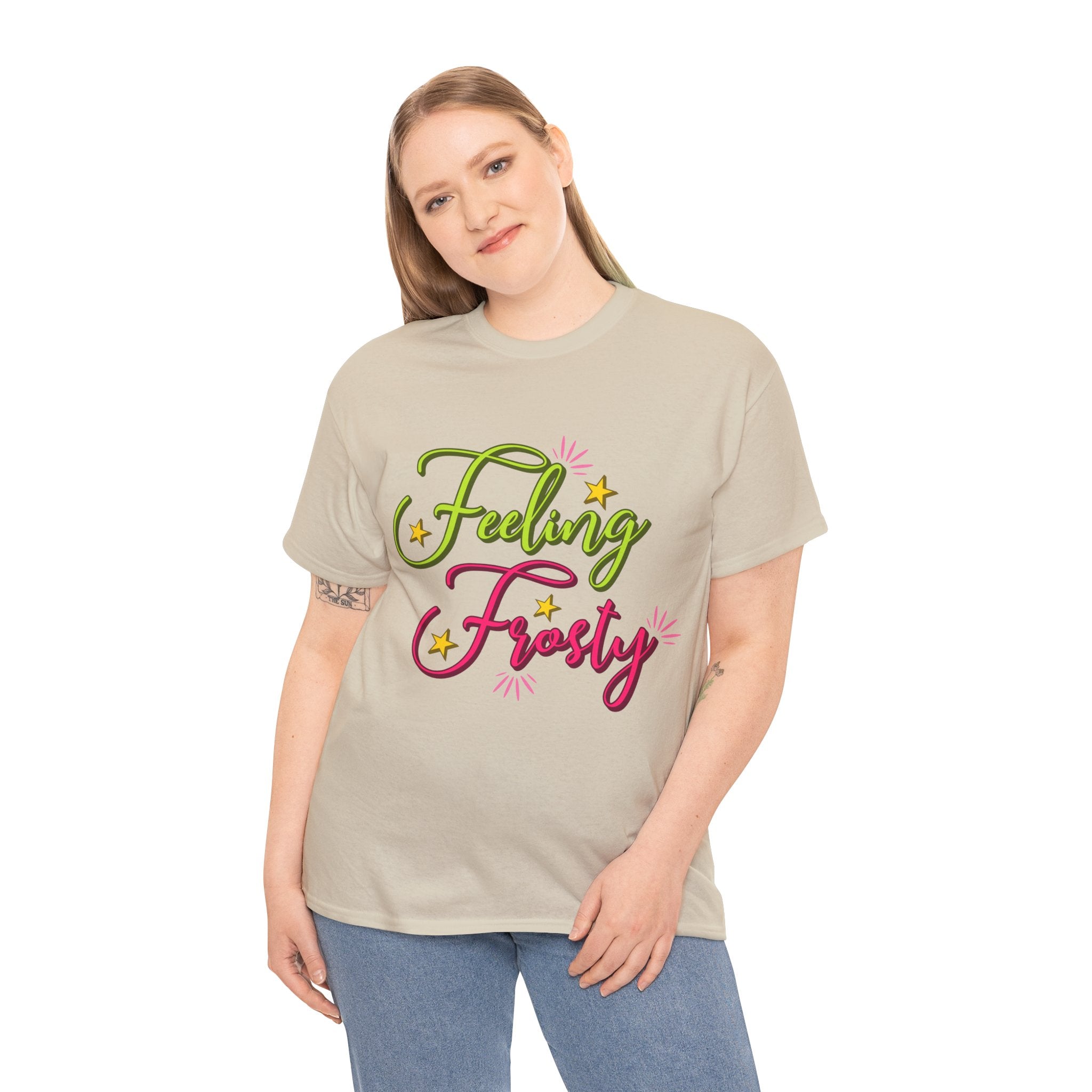 Feeling Frosty Holiday T-Shirt — Green & Pink Script Stars.Unisex Cotton Tee