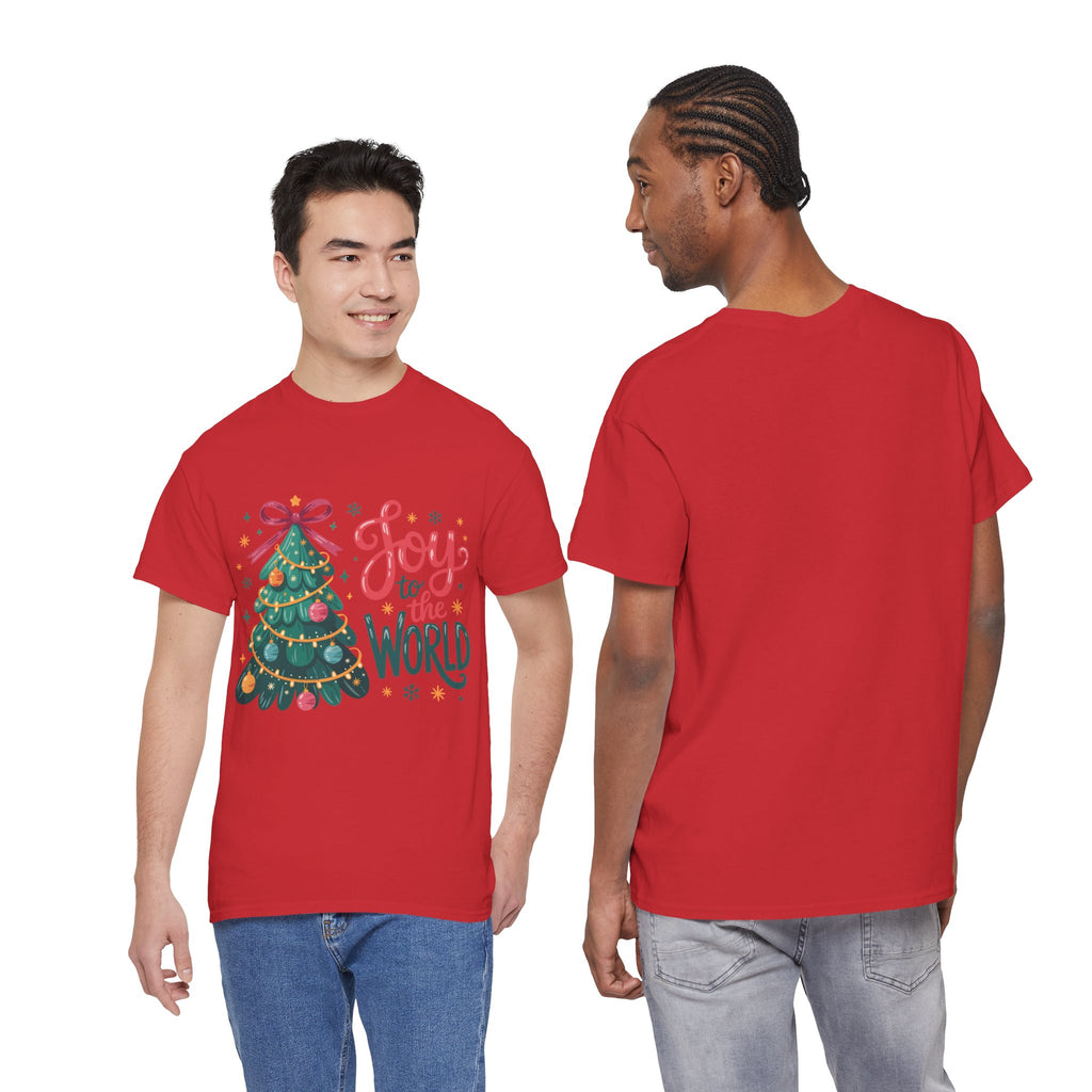 Joy to the World Christmas Tee — Festive Tree with Pink Bow..Unisex Cotton Tee