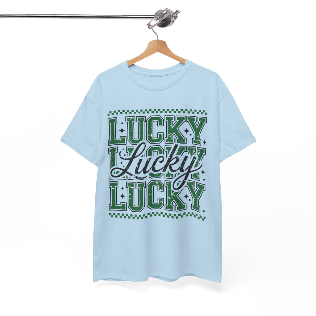 Lucky Varsity Tee — Layered Green ‘Lucky’ Graphic Unisex Cotton Tee