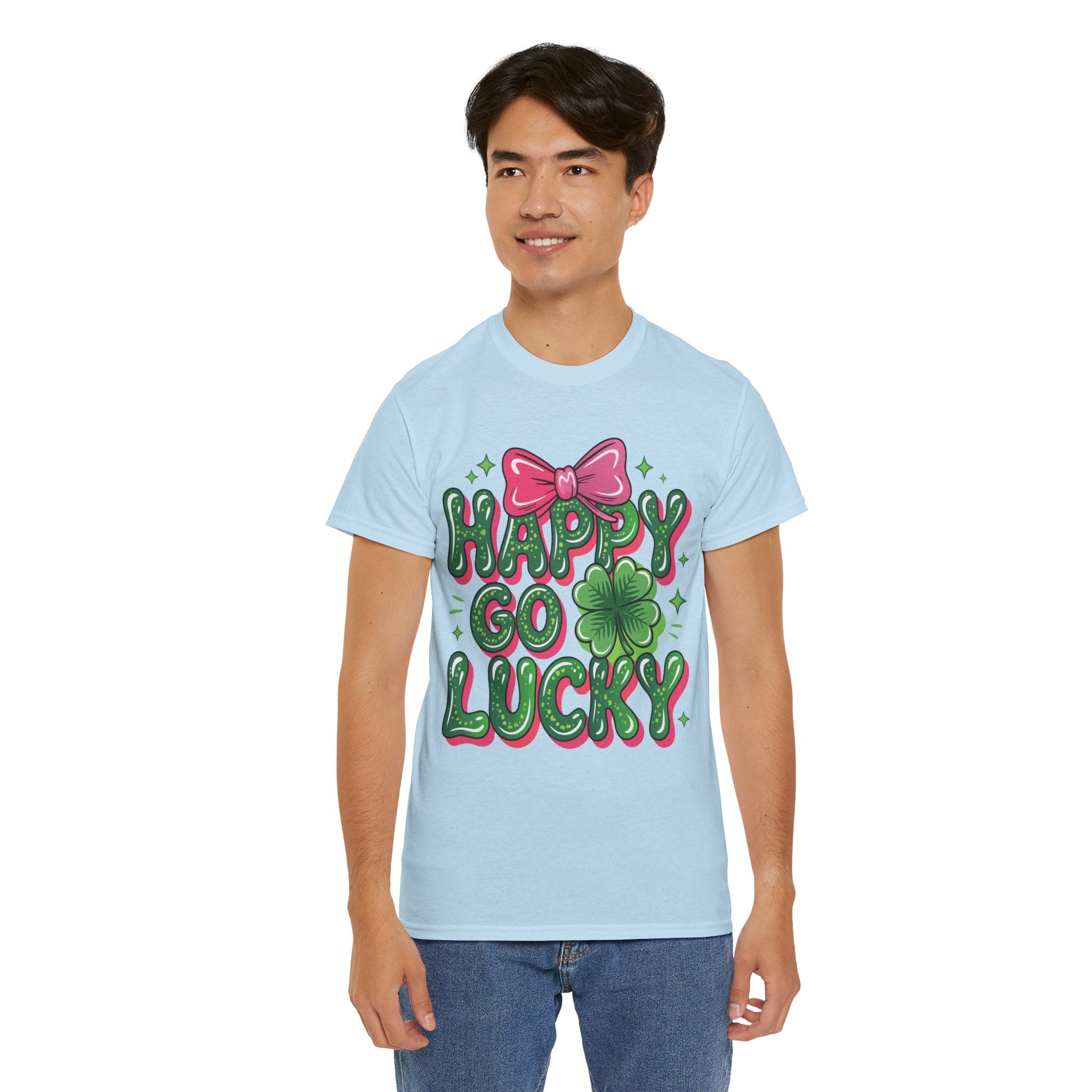 Happy Go Lucky Four-Leaf Clover Tee — Glossy Green Letters & Pink Bow Unisex Cotton Tee