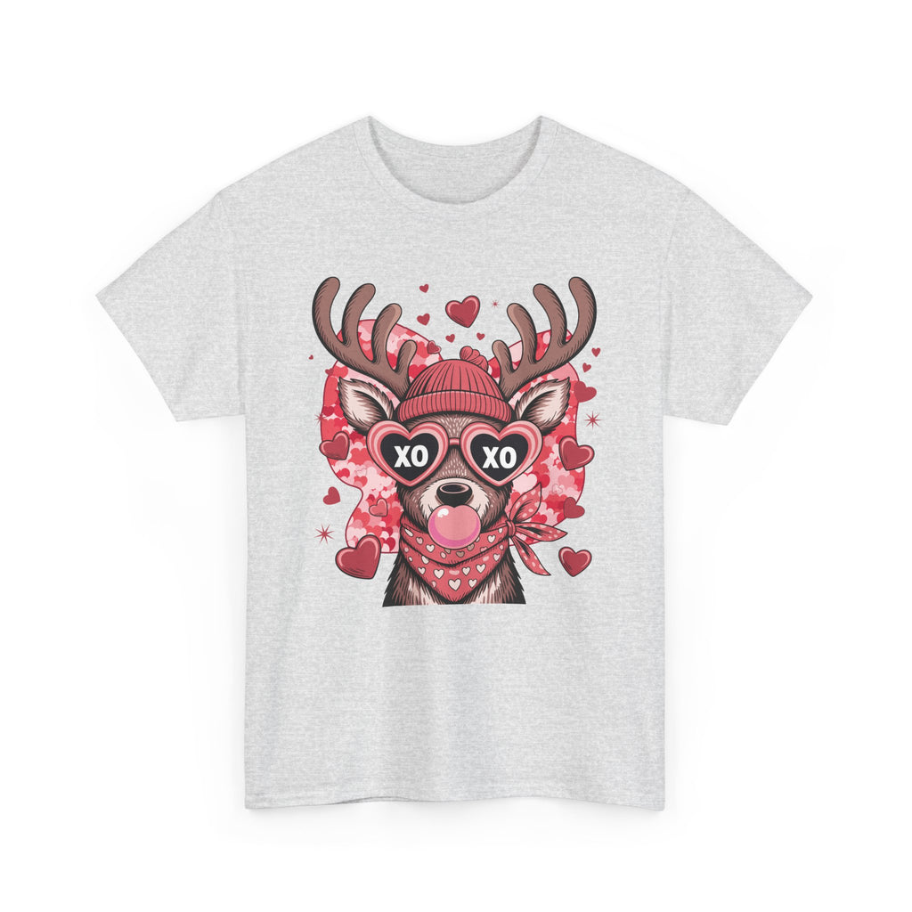 Valentine Deer Tee — Cute XO Heart Glasses, Beanie & Scarf Unisex Cotton Tshirt