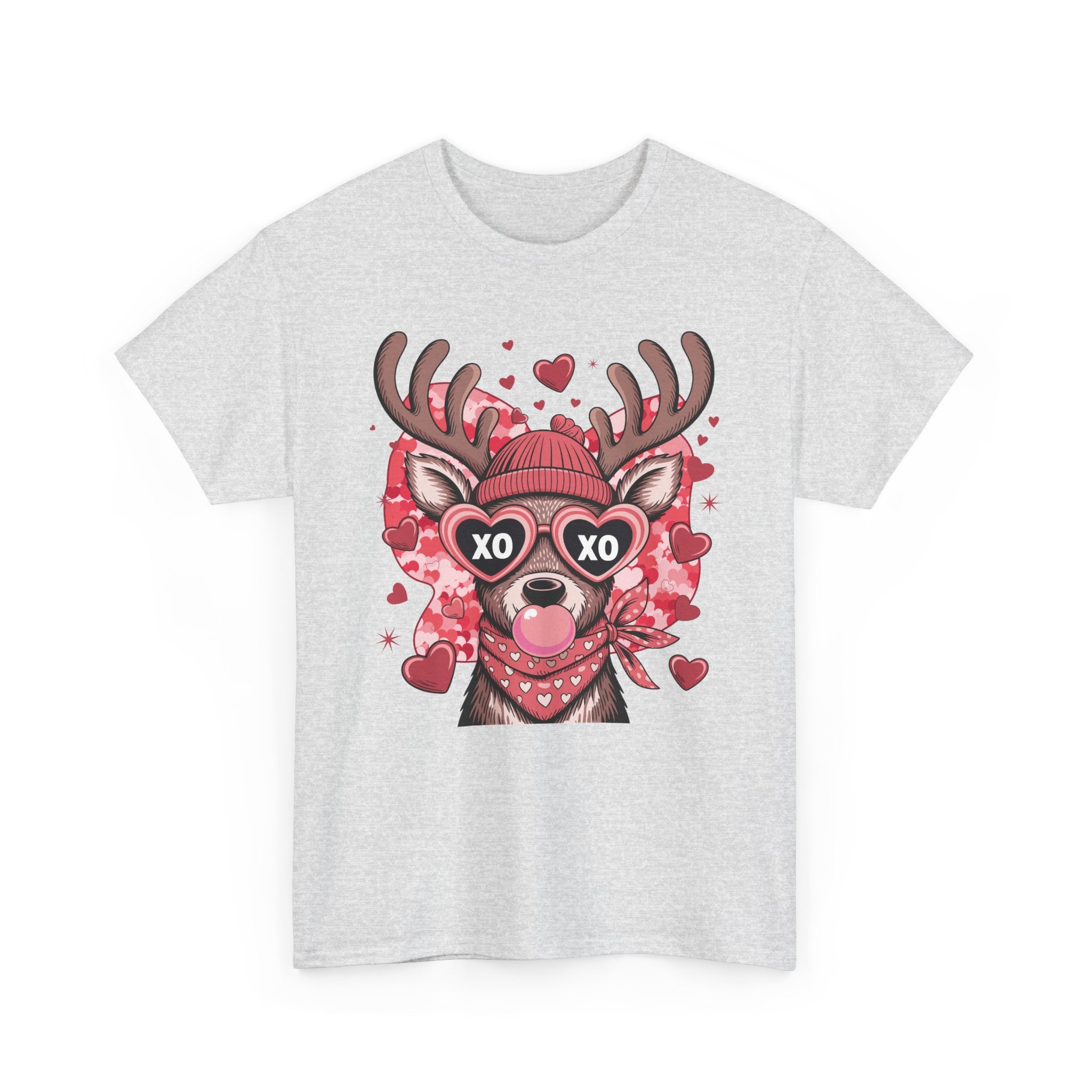 Valentine Deer Tee — Cute XO Heart Glasses, Beanie & Scarf Unisex Cotton Tshirt