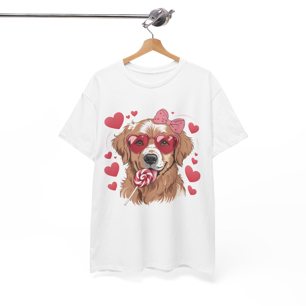 Valentine Dog T-Shirt — Cute Pup with Heart Glasses, Pink Bow & Lollipop..Unisex Cotton Tee