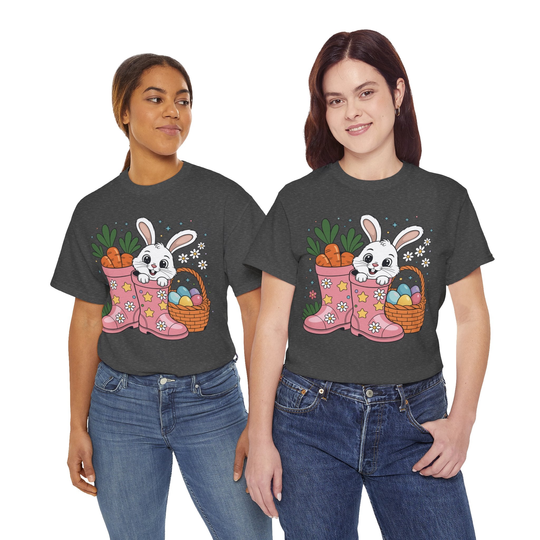 Easter Bunny in Pink Rain Boots T-Shirt — Cartoon Bunny, Carrots & Colorful Eggs Unisex Cotton Tee