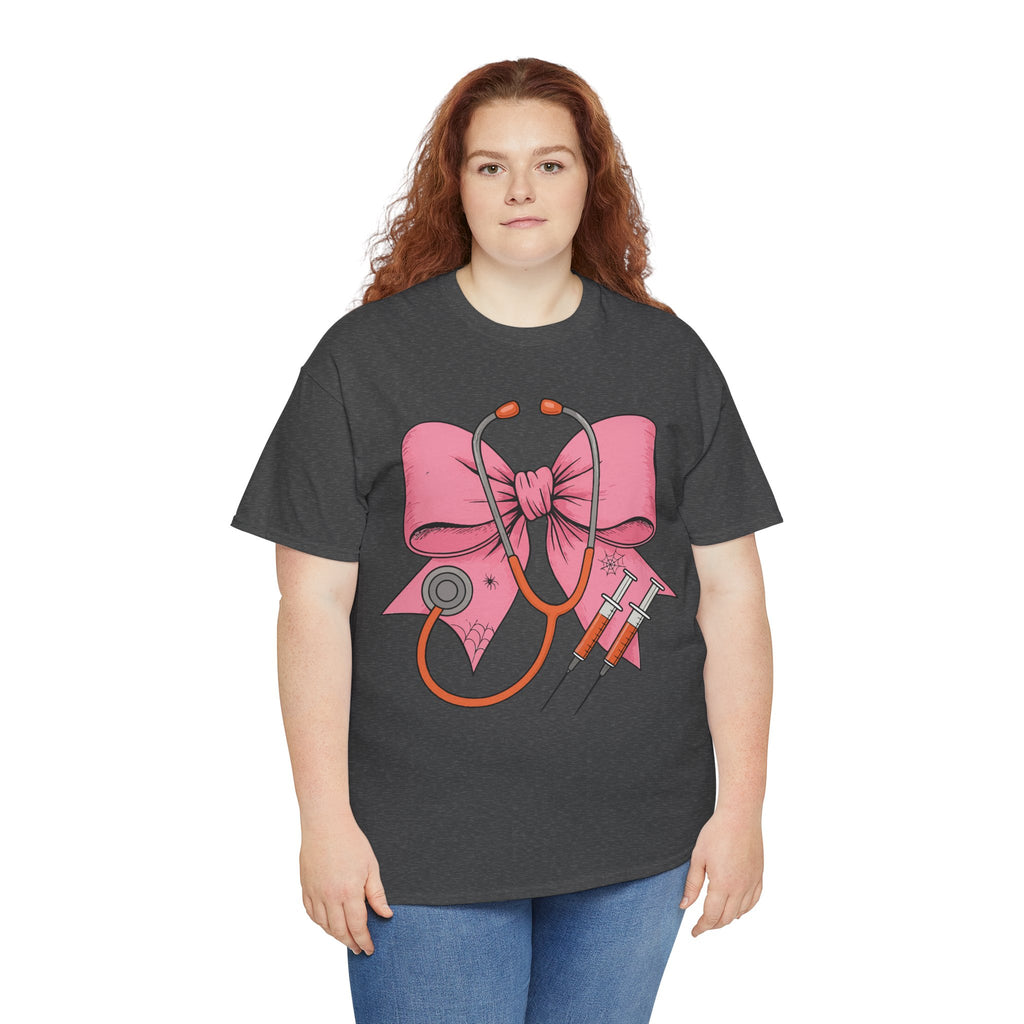 Halloween Nurse T‑Shirt — Pink Nurse Bow with Stethoscope, Syringes & Spider Webs..Unisex Cotton Tee