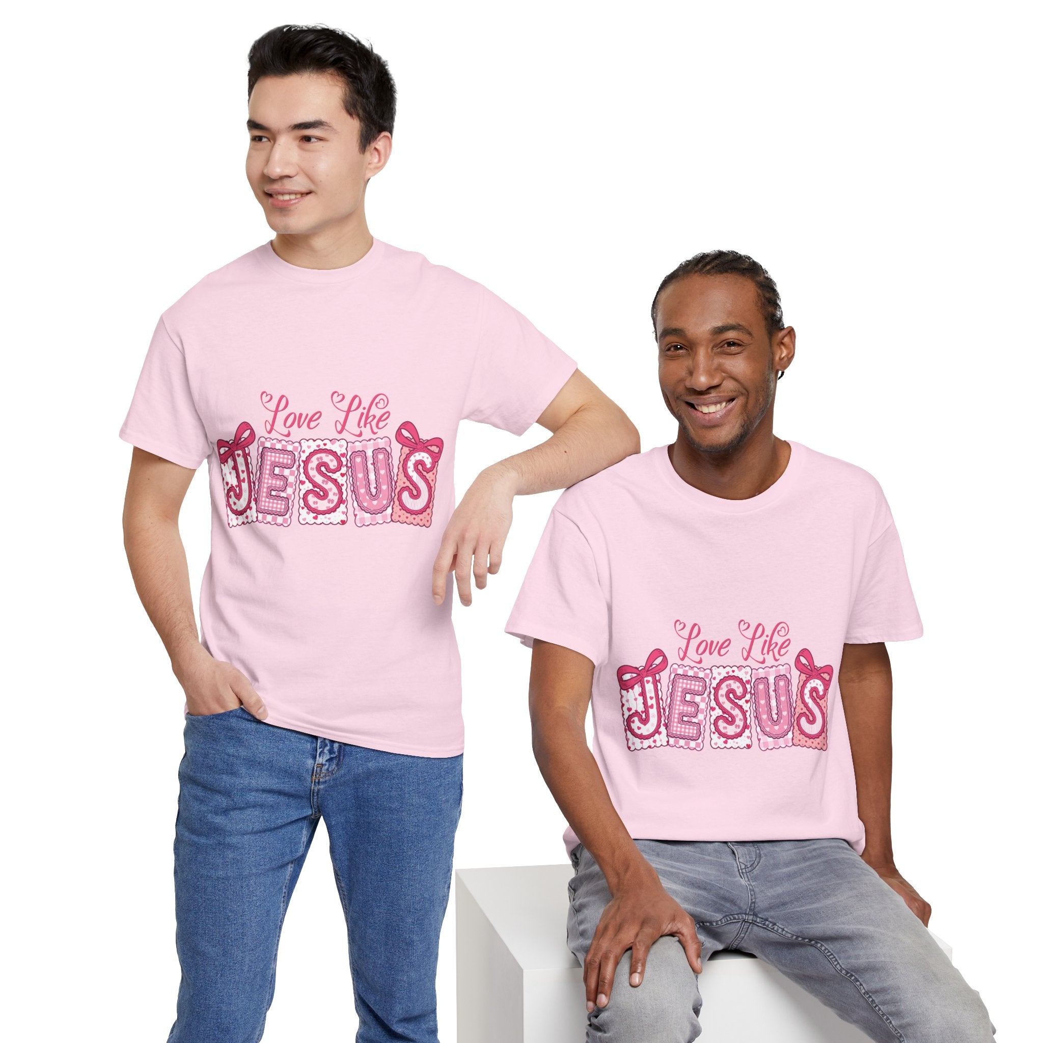 Love Like Jesus Patchwork Tee — Pink Stitched Heart Graphic.Unisex Cotton Tee