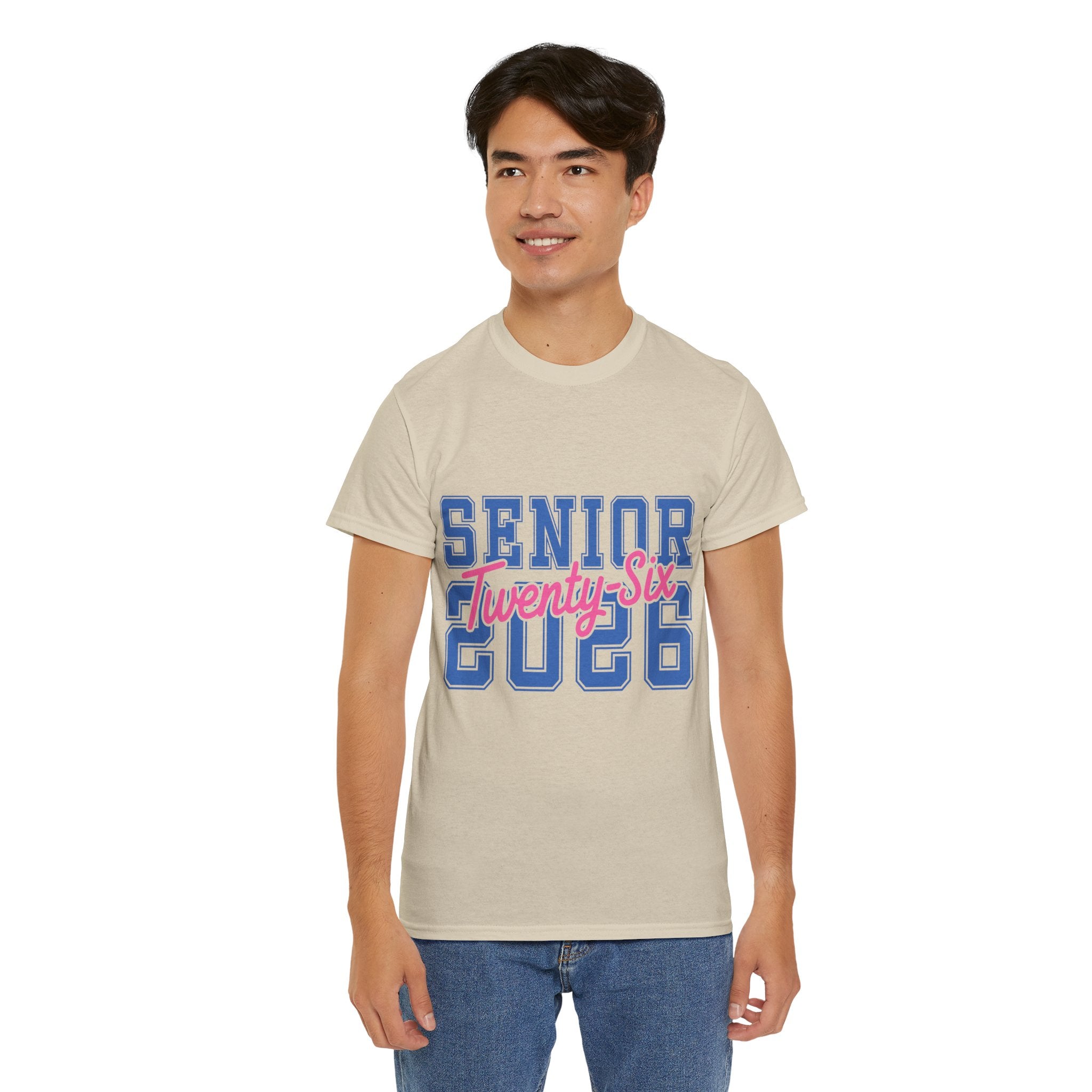 Senior 2026 Tee — Pink Varsity Block with Blue Script Overlay Unisex Cotton Tee