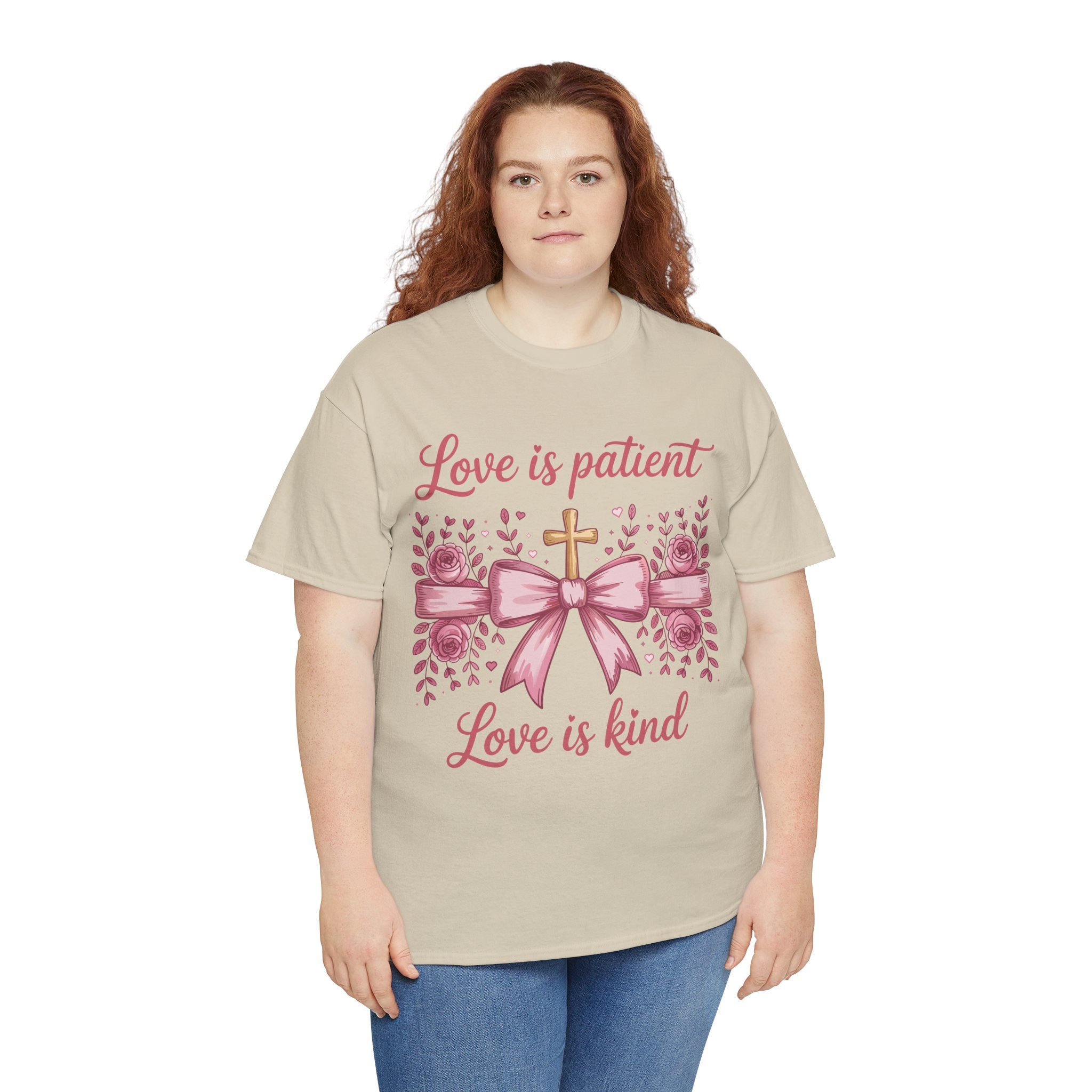 Christian Floral Tee — "Love is Patient, Love is Kind" Pink Rose Cross. Unisex Cotton Tee