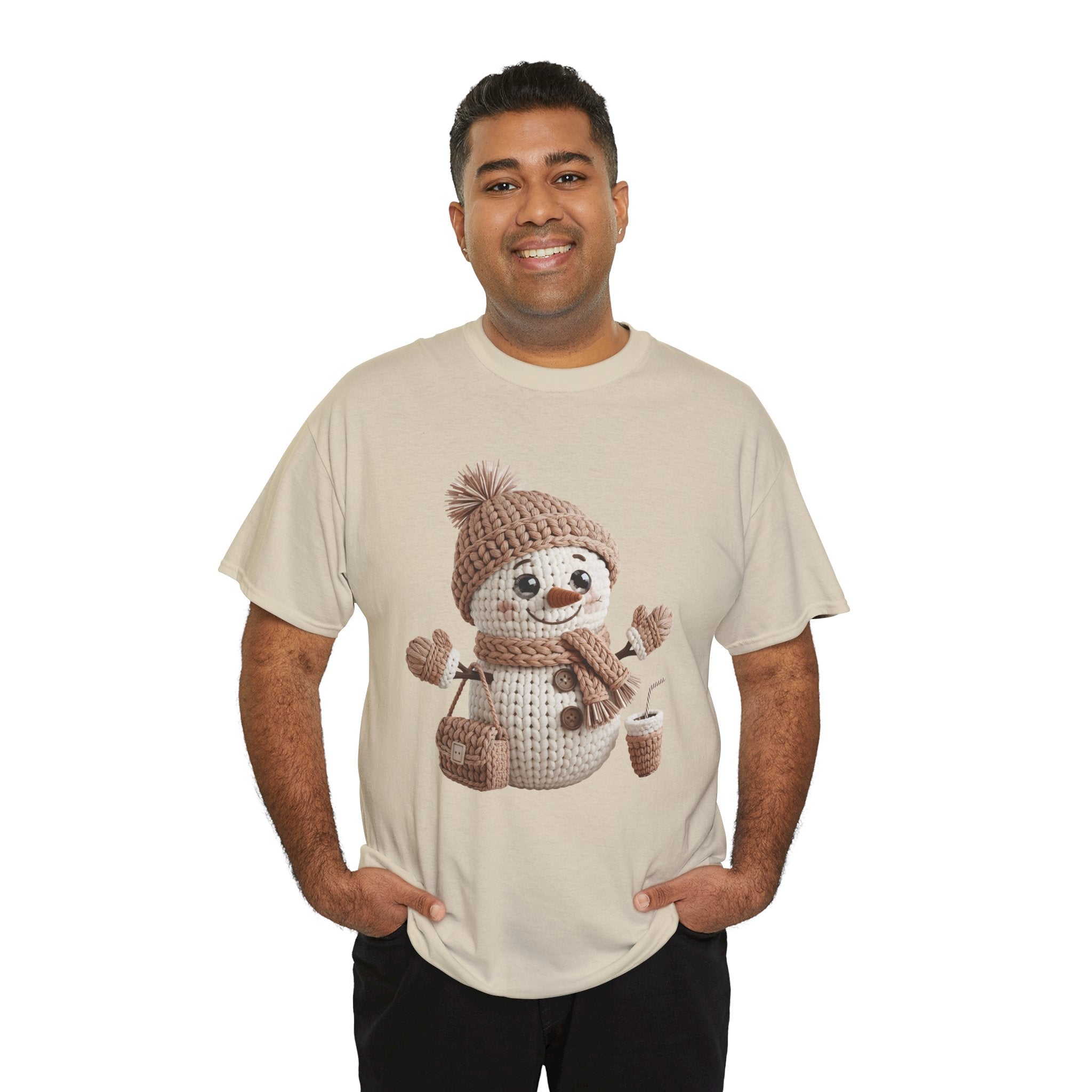 Snowman Knit‑Style Graphic Tee — Cute Faux‑Yarn Snowman with Hat, Scarf & Mittens.Unisex Cotton Tee
