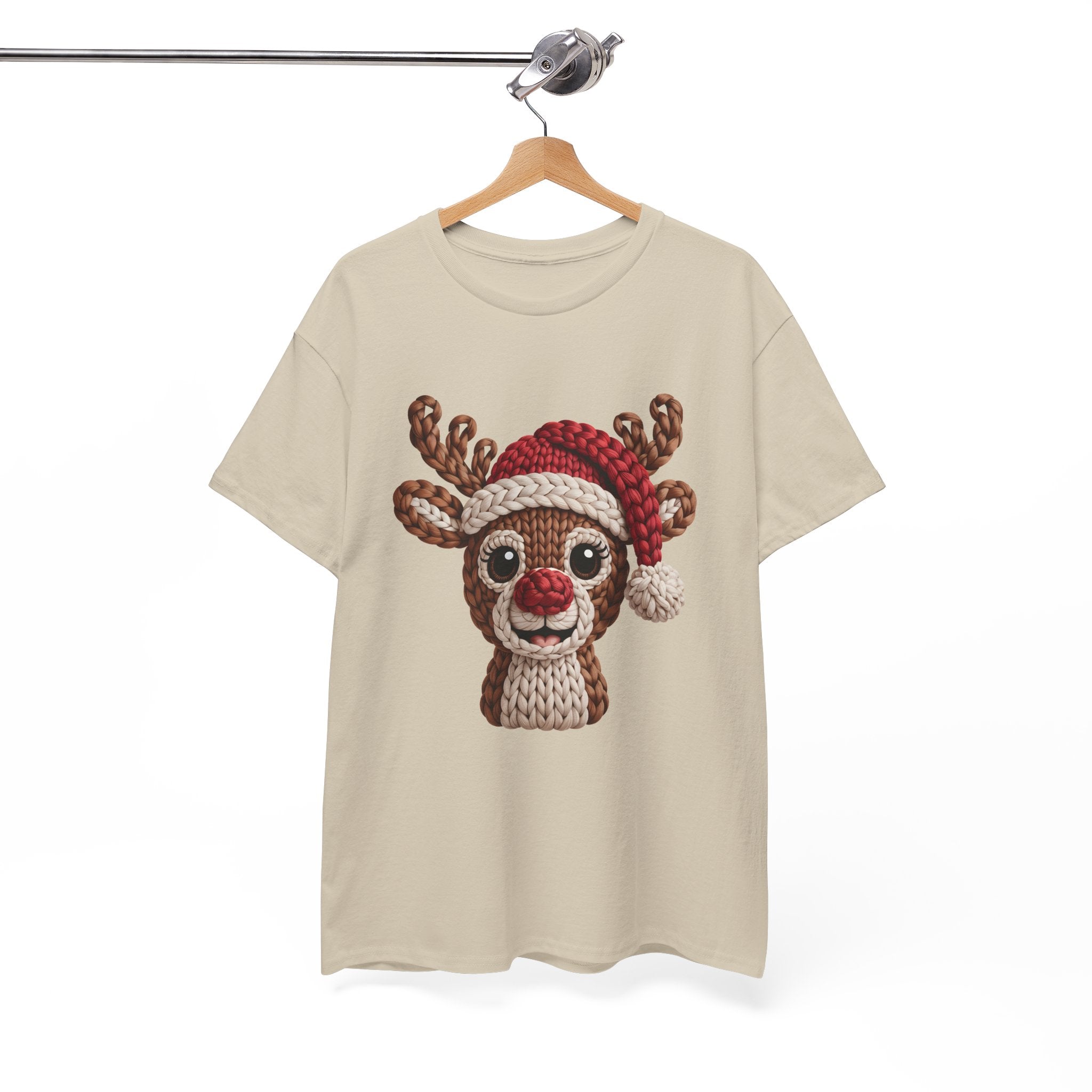 Reindeer in Santa Hat Cotton Tee — Joyful Faux-Yarn Holiday Unisex Coton T-Shirt