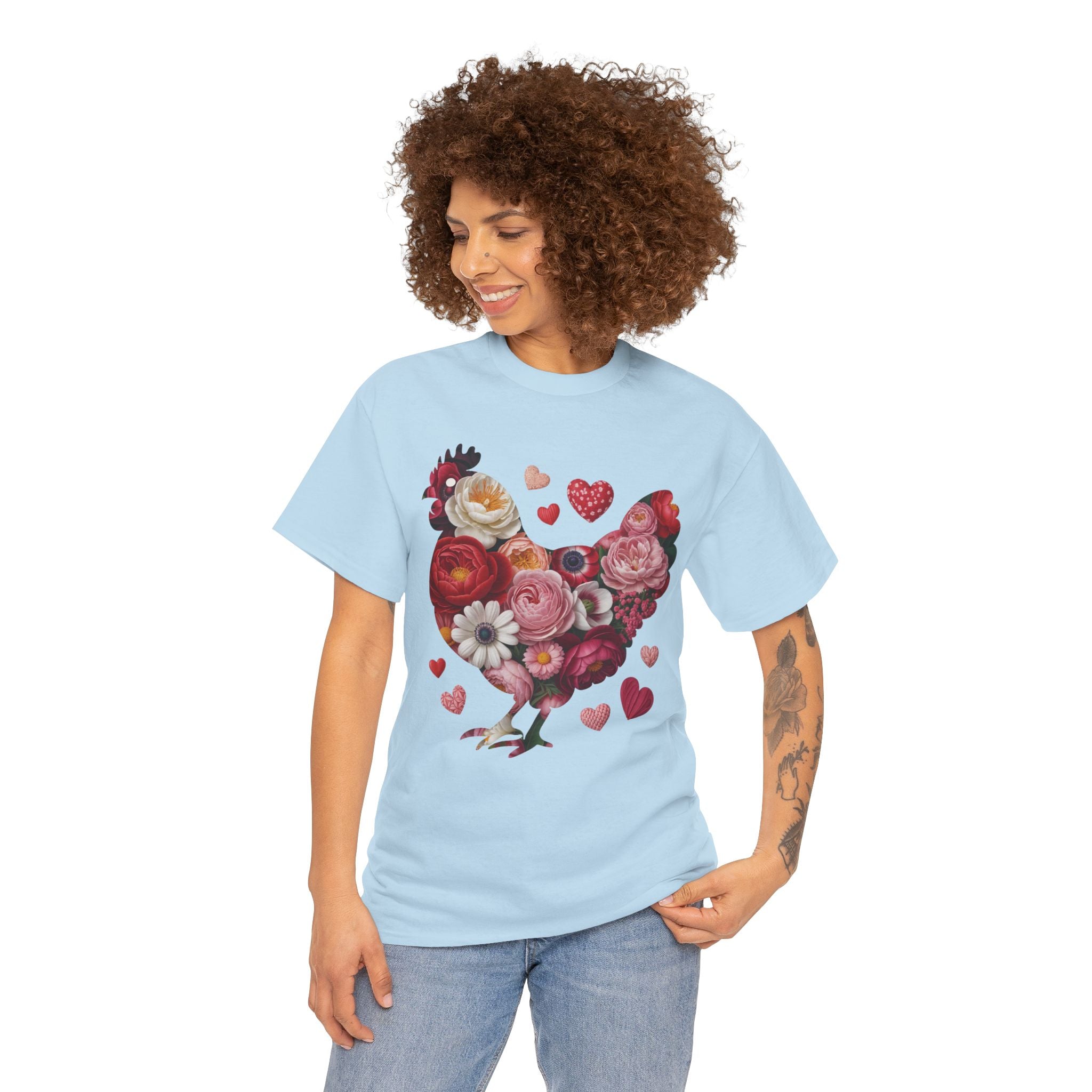 Floral Chicken Heart Tee — Red & Pink Flower Silhouette Unisex Cotton Tee