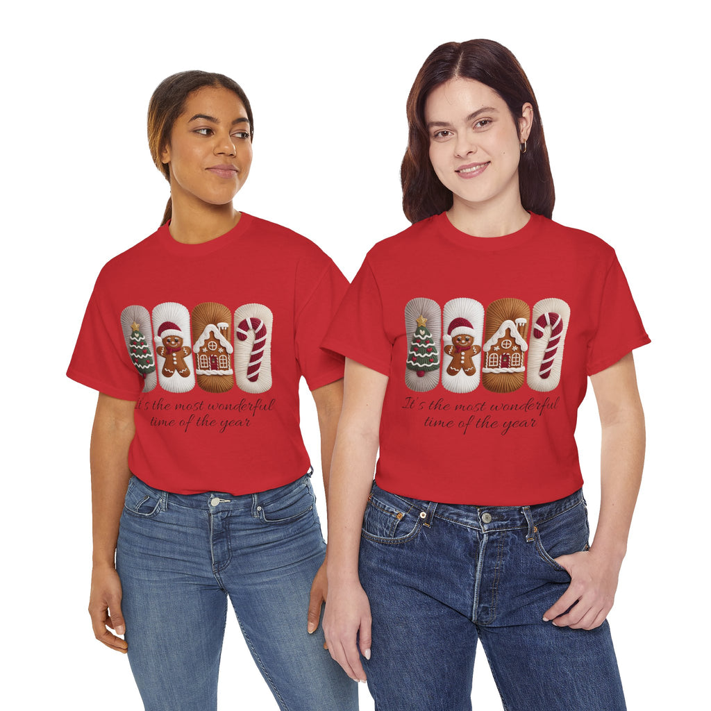 Christmas Faux-Yarn Tree Tee — Gingerbread House & Candy Cane Holiday Unisex Cotton T-Shirt