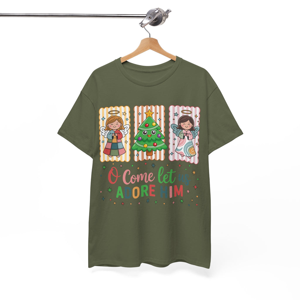 O Come Let Us Adore Him Christmas Tee — Smiling Angels & Happy Tree..Unisex Cotton Tee