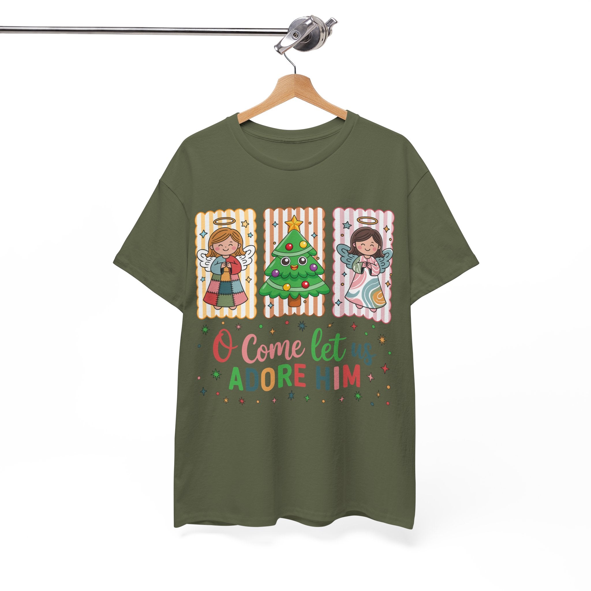 O Come Let Us Adore Him Christmas Tee — Smiling Angels & Happy Tree..Unisex Cotton Tee