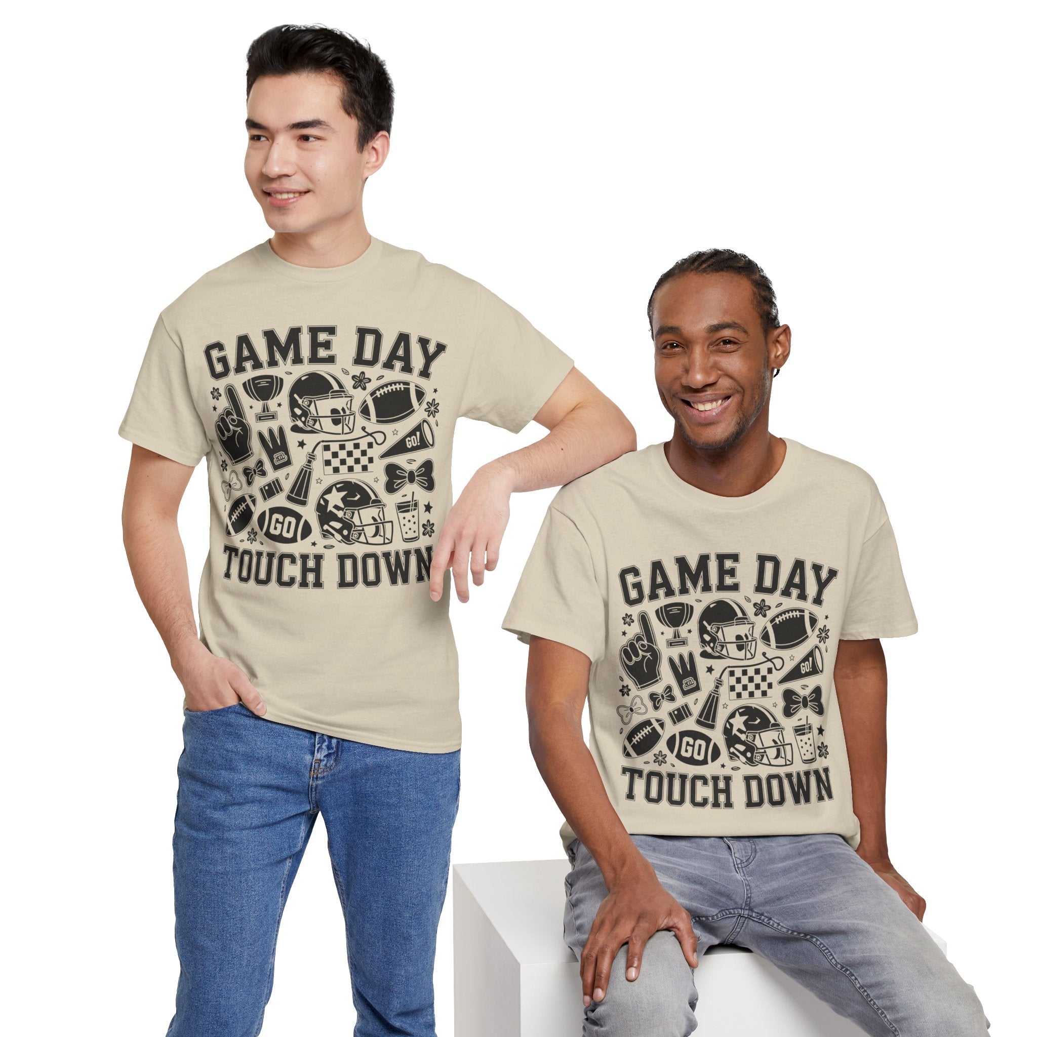 Game Day Touch Down Football T‑Shirt — Helmet & Cheer Monochrome Design Unisex Cotton Tee