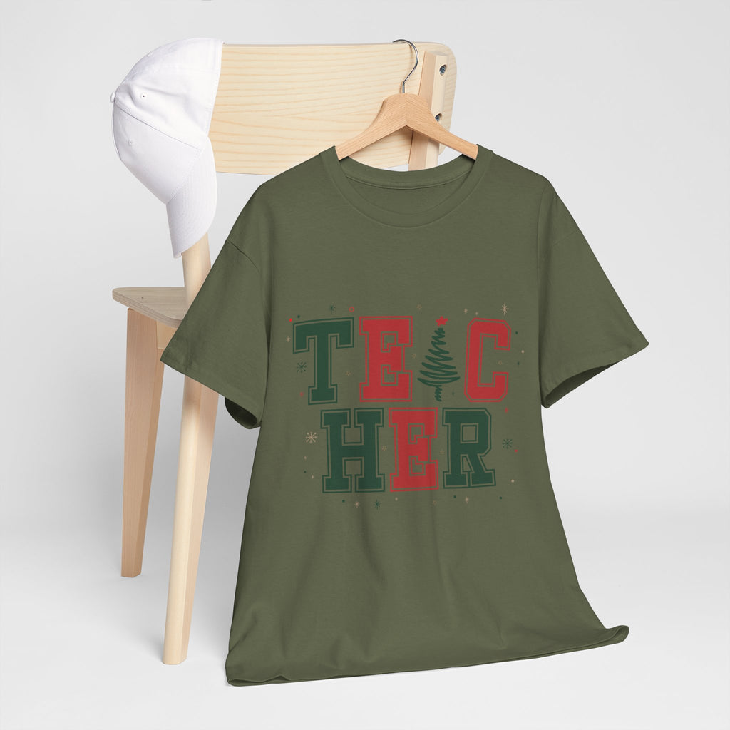 Teacher Christmas Varsity T-Shirt — Red & Green Holiday Unisex Cotton Tee