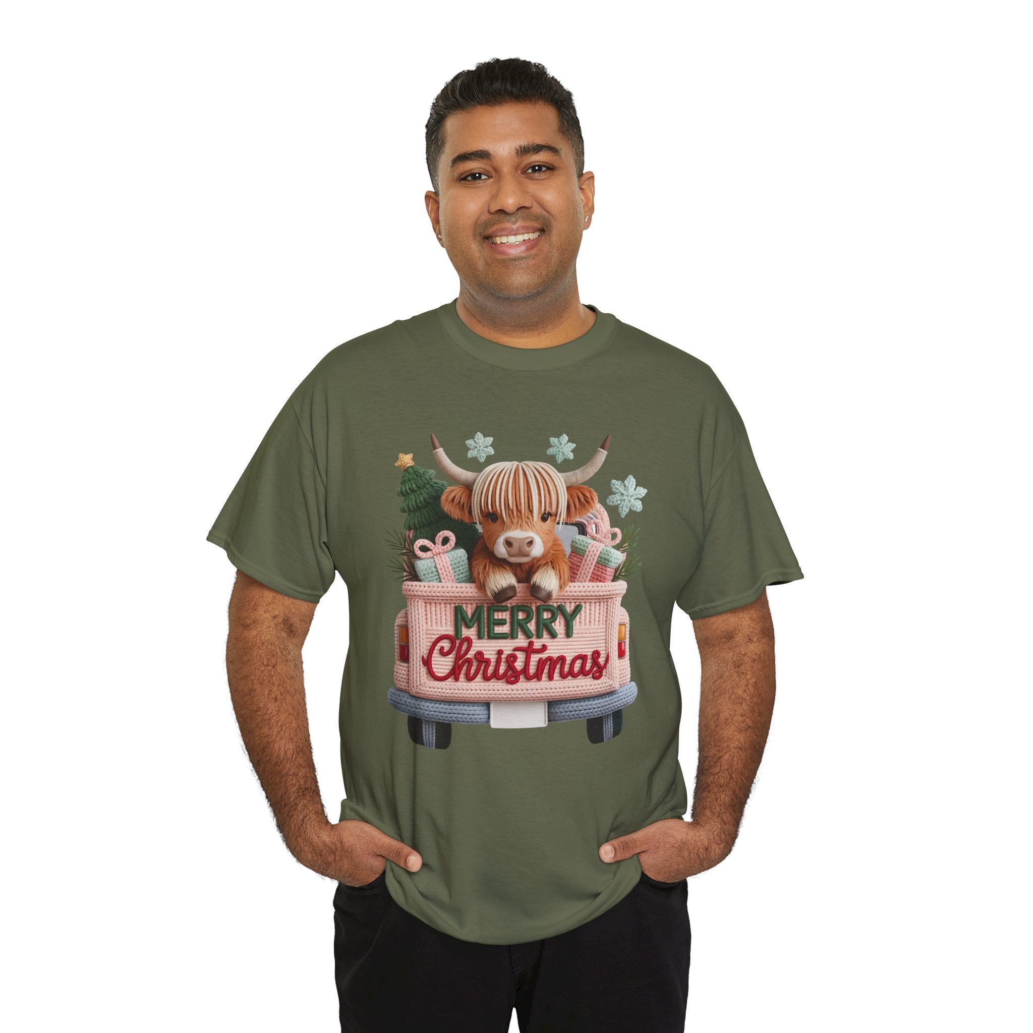 Merry Christmas Highland Cow Knit Truck Unisex Cotton T-Shirt