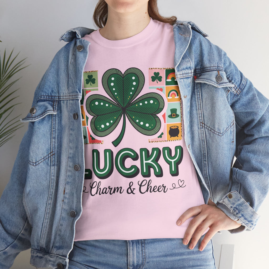 Lucky Charm & Cheer Clover Tee — Patchwork St. Patrick’s Day Unisex Cotton T-Shirt