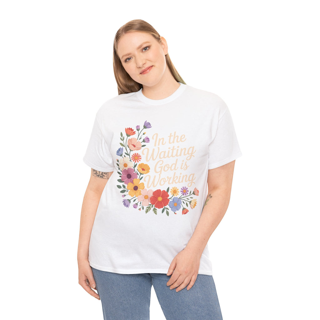Pastel Floral “In the Waiting God Is Working” Unisex Cotton T-Shirt