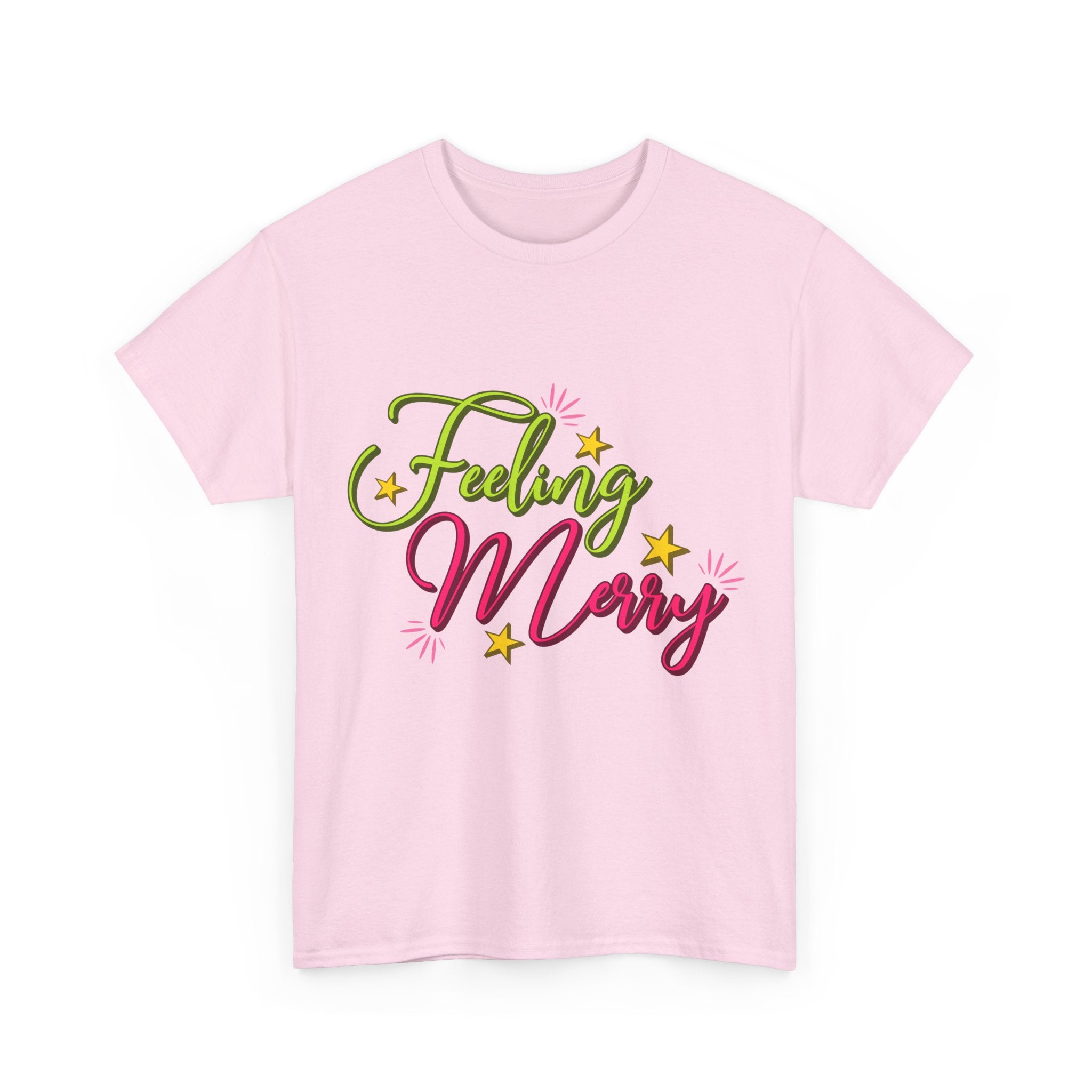 Feeling Merry T-Shirt — Bright Green & Pink Holiday Tee with Stars.Unisex Cotton Tee