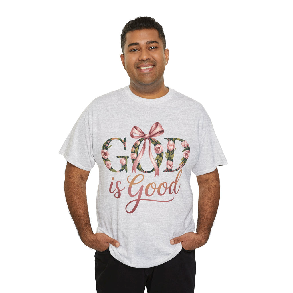 God Is Good Pink Rose Tee — Floral Ribbon Faith Unisex Cotton T-Shirt