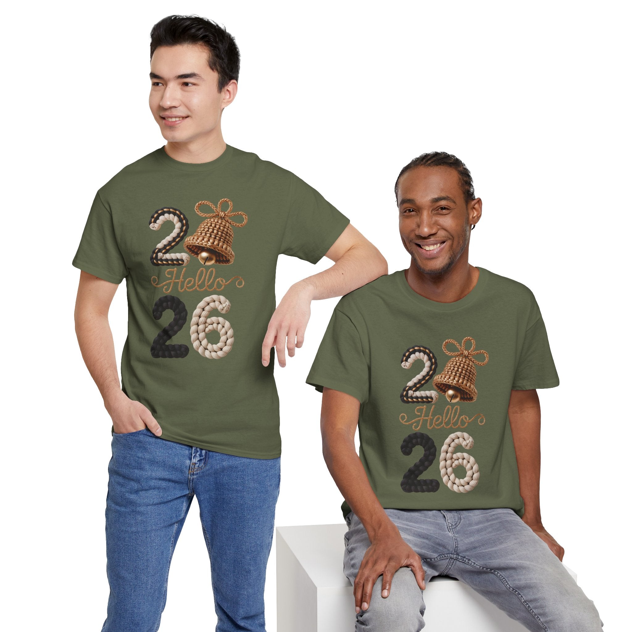 Hello 2026 Tee — Cozy Faux Yarn Braided Numbers with Woven Golden Bell..Unisex Cotton Tee