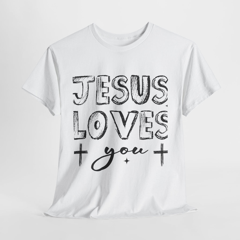 Jesus Loves You Chalk-Style Tee — Crosses & Stars Christian UNisex Cotton T-Shirt