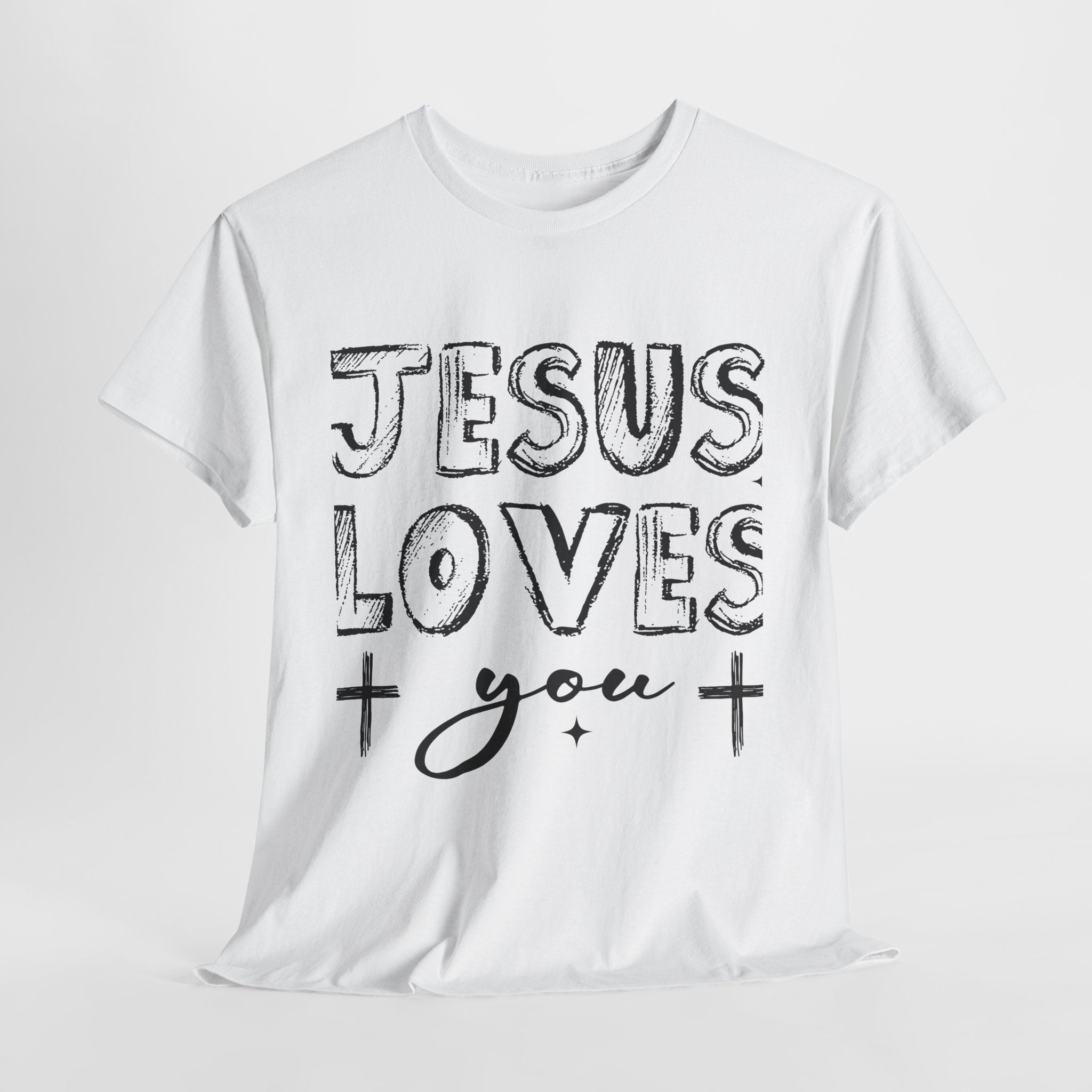 Jesus Loves You Chalk-Style Tee — Crosses & Stars Christian UNisex Cotton T-Shirt
