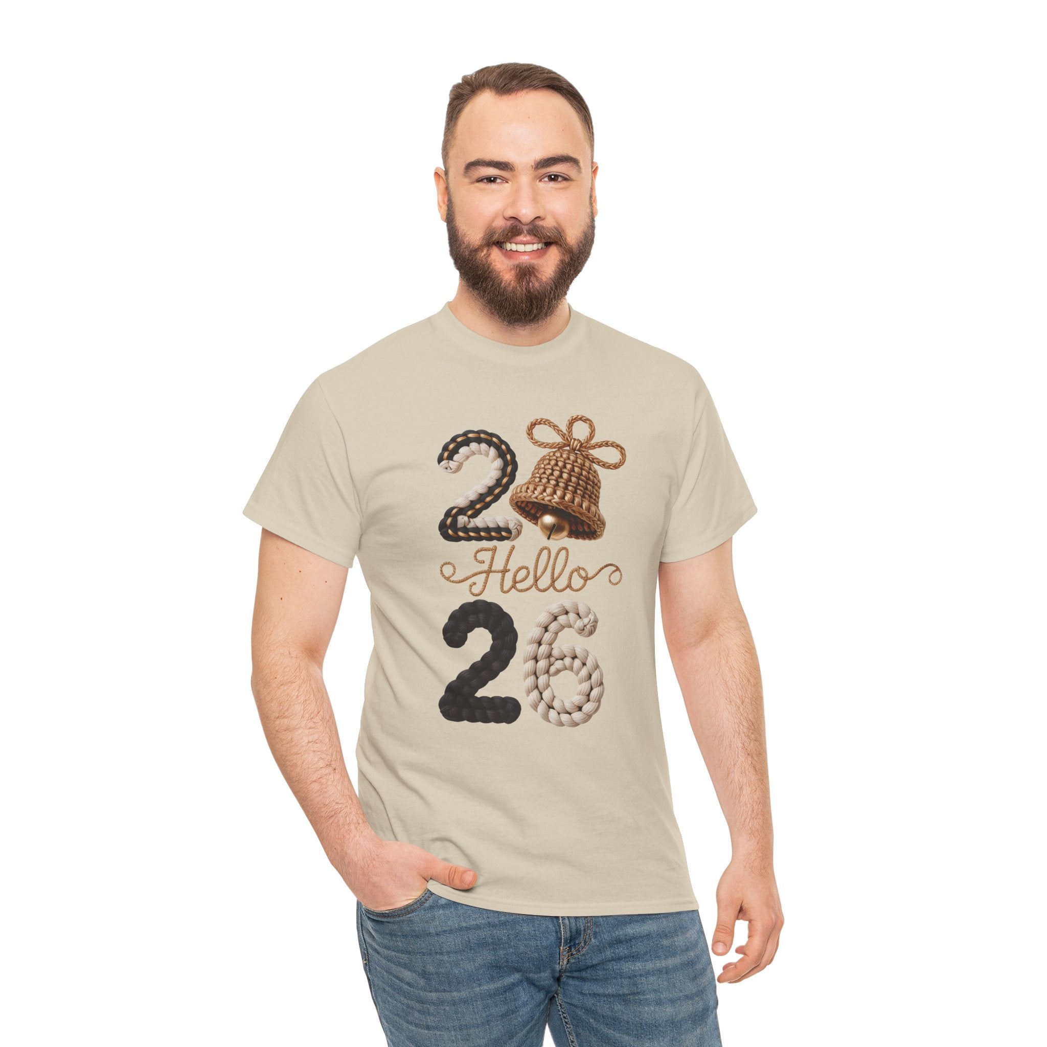 Hello 2026 Tee — Cozy Faux Yarn Braided Numbers with Woven Golden Bell..Unisex Cotton Tee