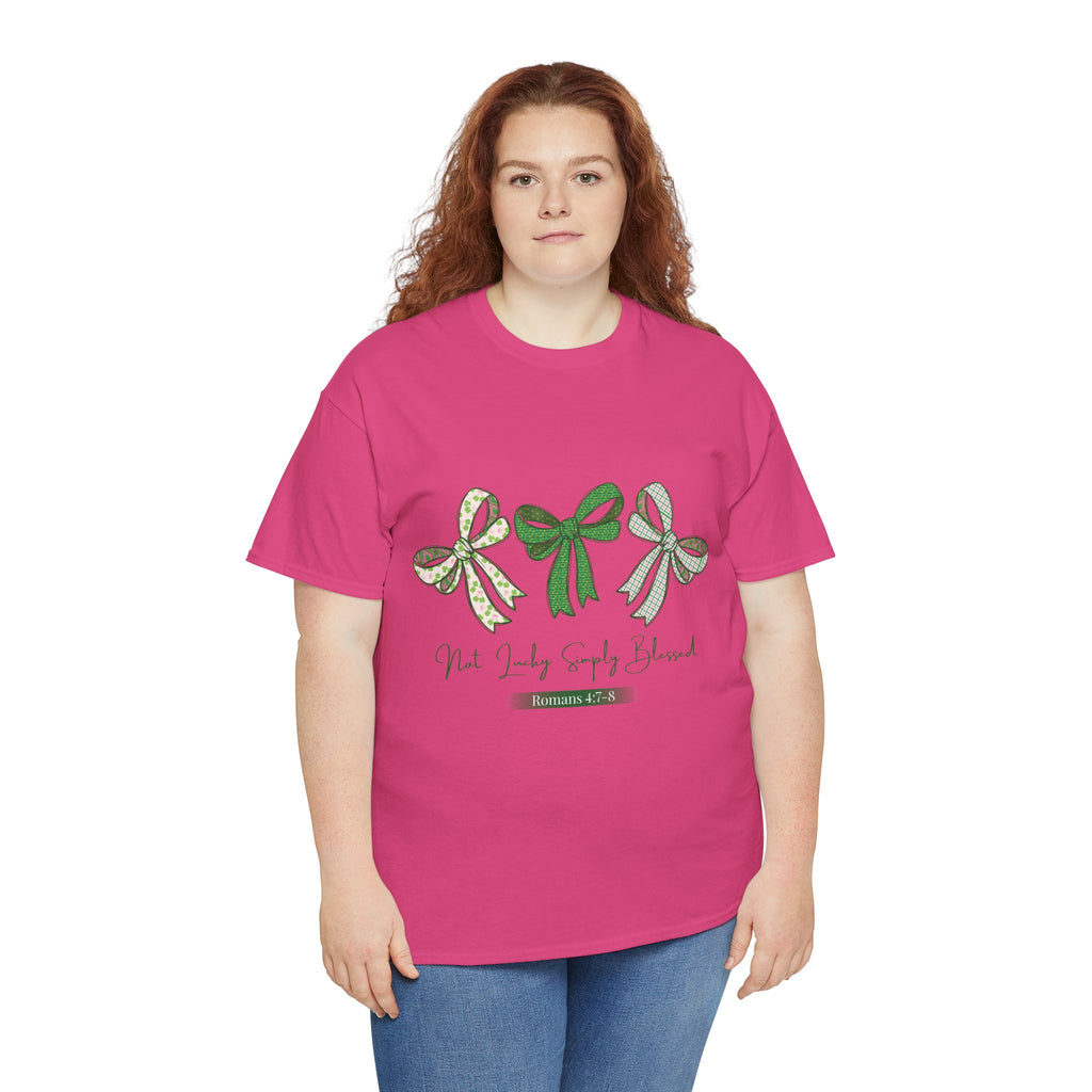 Not Lucky Simply Blessed Tee — Romans 4:7-8 Green Bow Christian Unisex Cotton T-Shirt