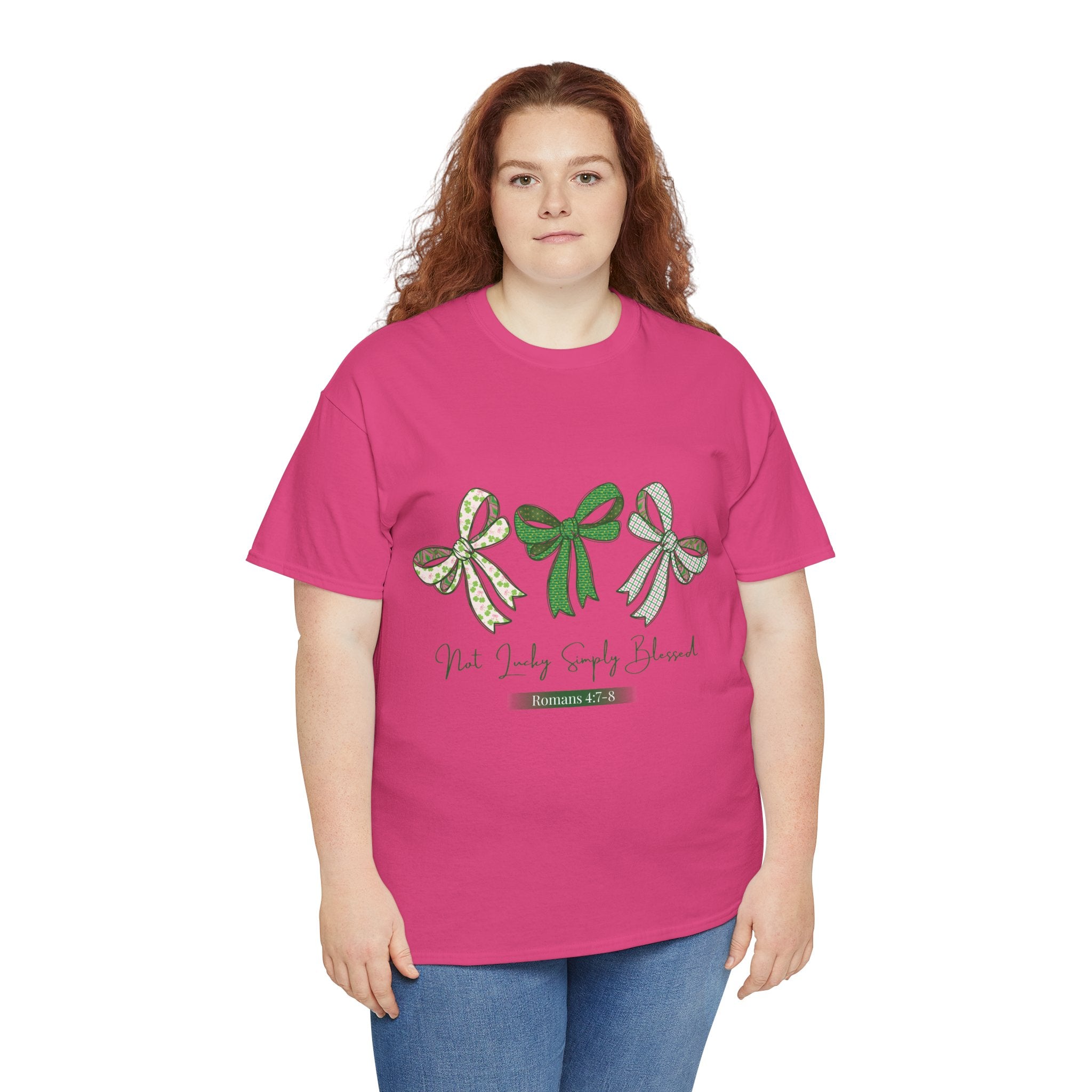 Not Lucky Simply Blessed Tee — Romans 4:7-8 Green Bow Christian Unisex Cotton T-Shirt