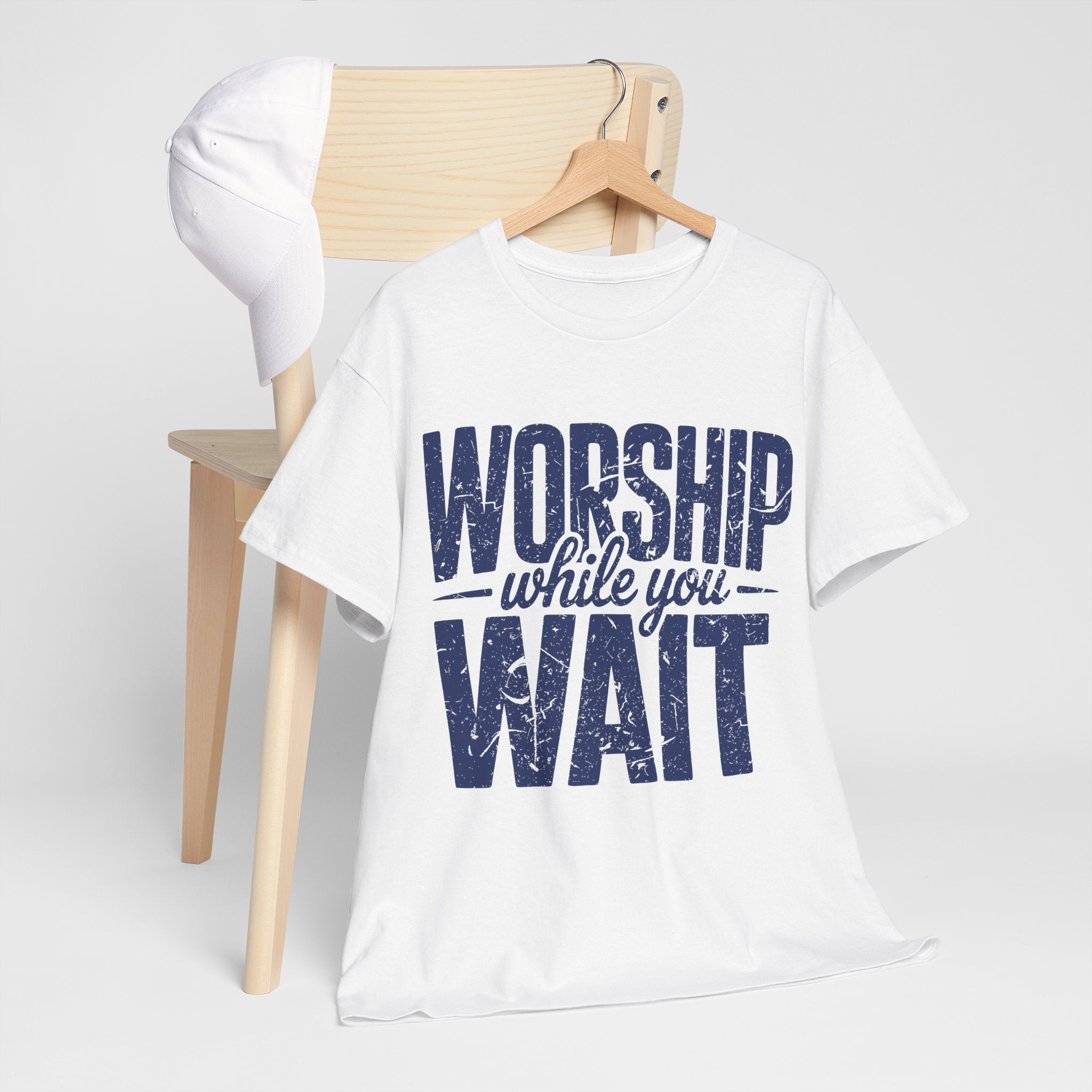 Worship While You Wait T‑Shirt — Distressed Pastel Blue Faith Unisex Cotton Tee
