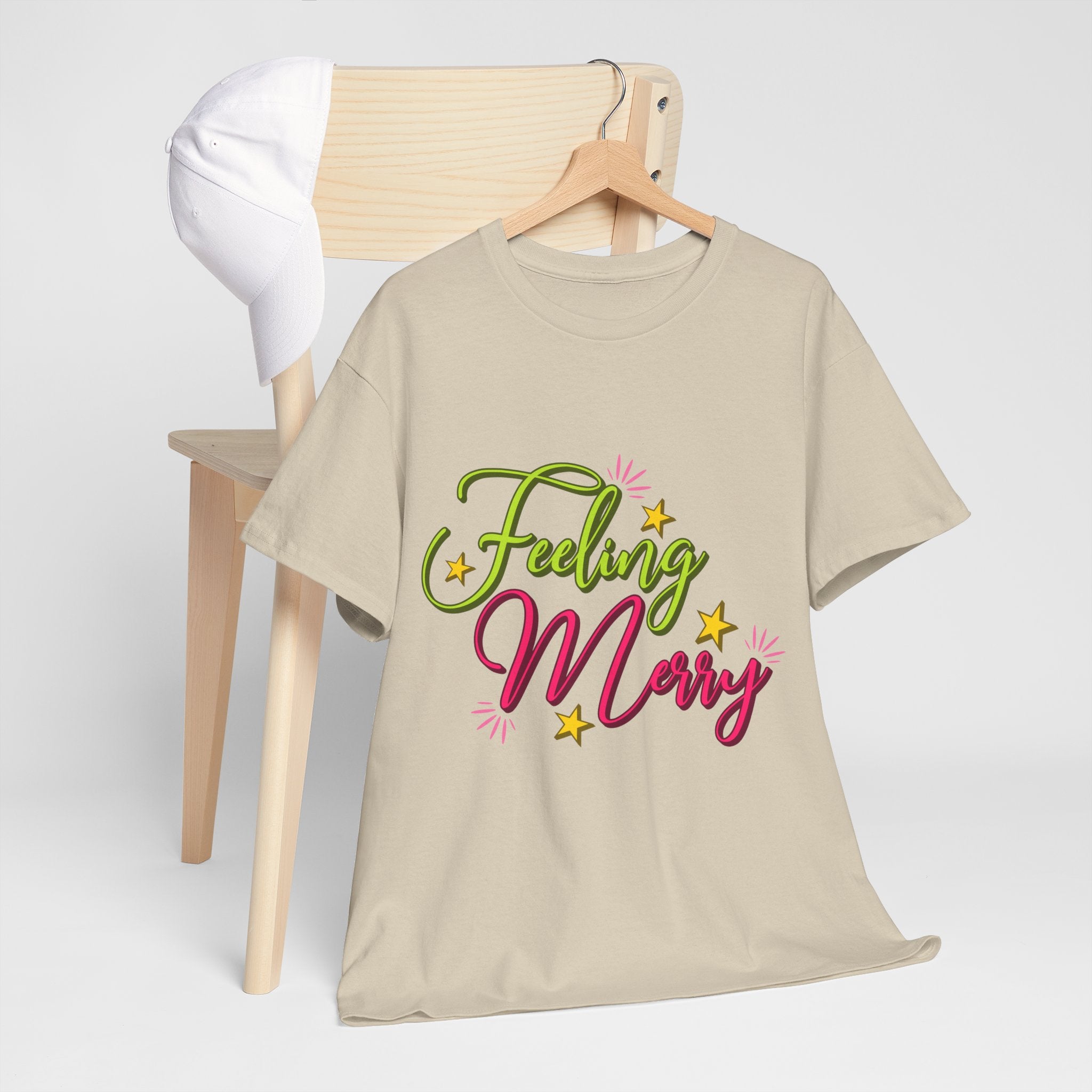 Feeling Merry T-Shirt — Bright Green & Pink Holiday Tee with Stars.Unisex Cotton Tee