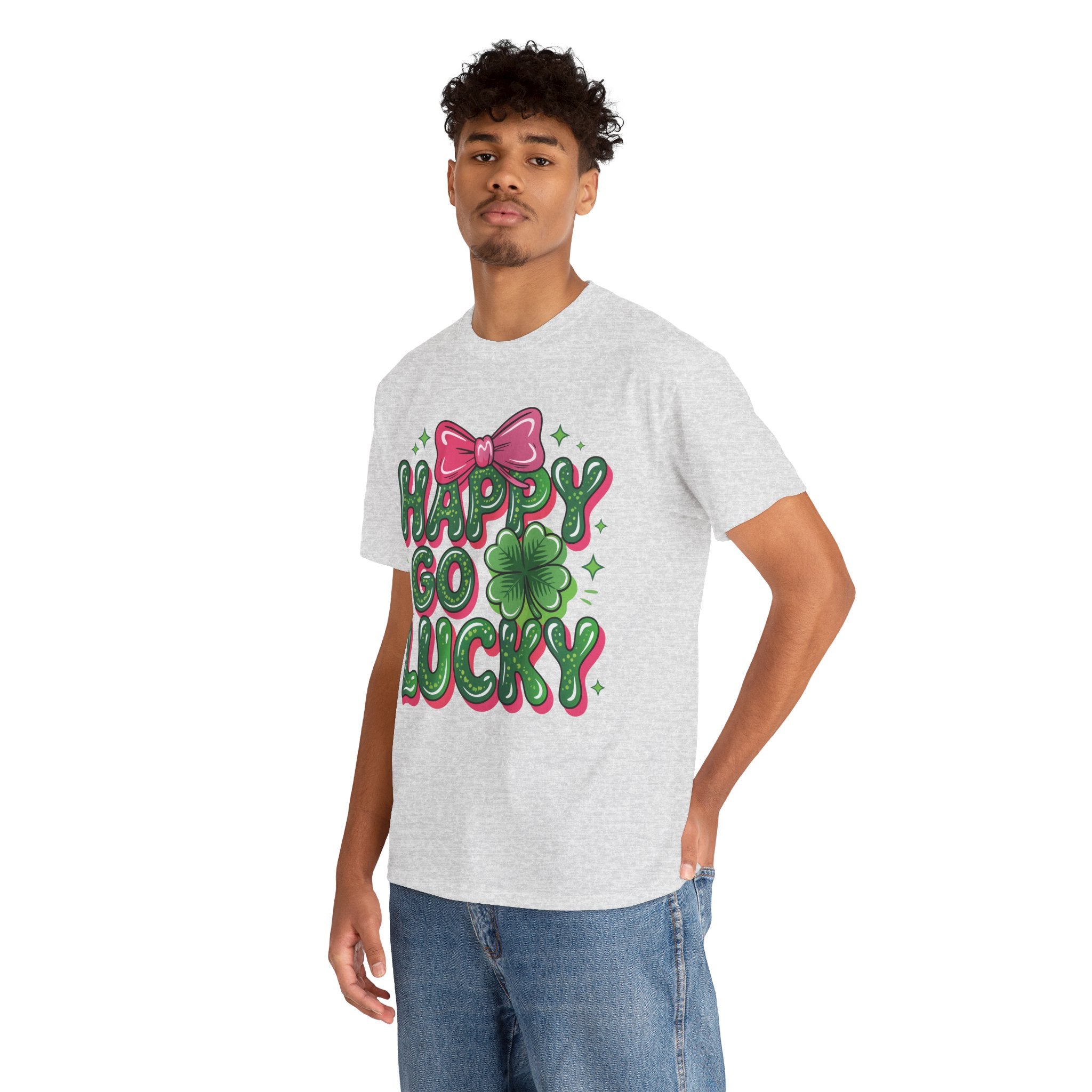 Happy Go Lucky Four-Leaf Clover Tee — Glossy Green Letters & Pink Bow Unisex Cotton Tee