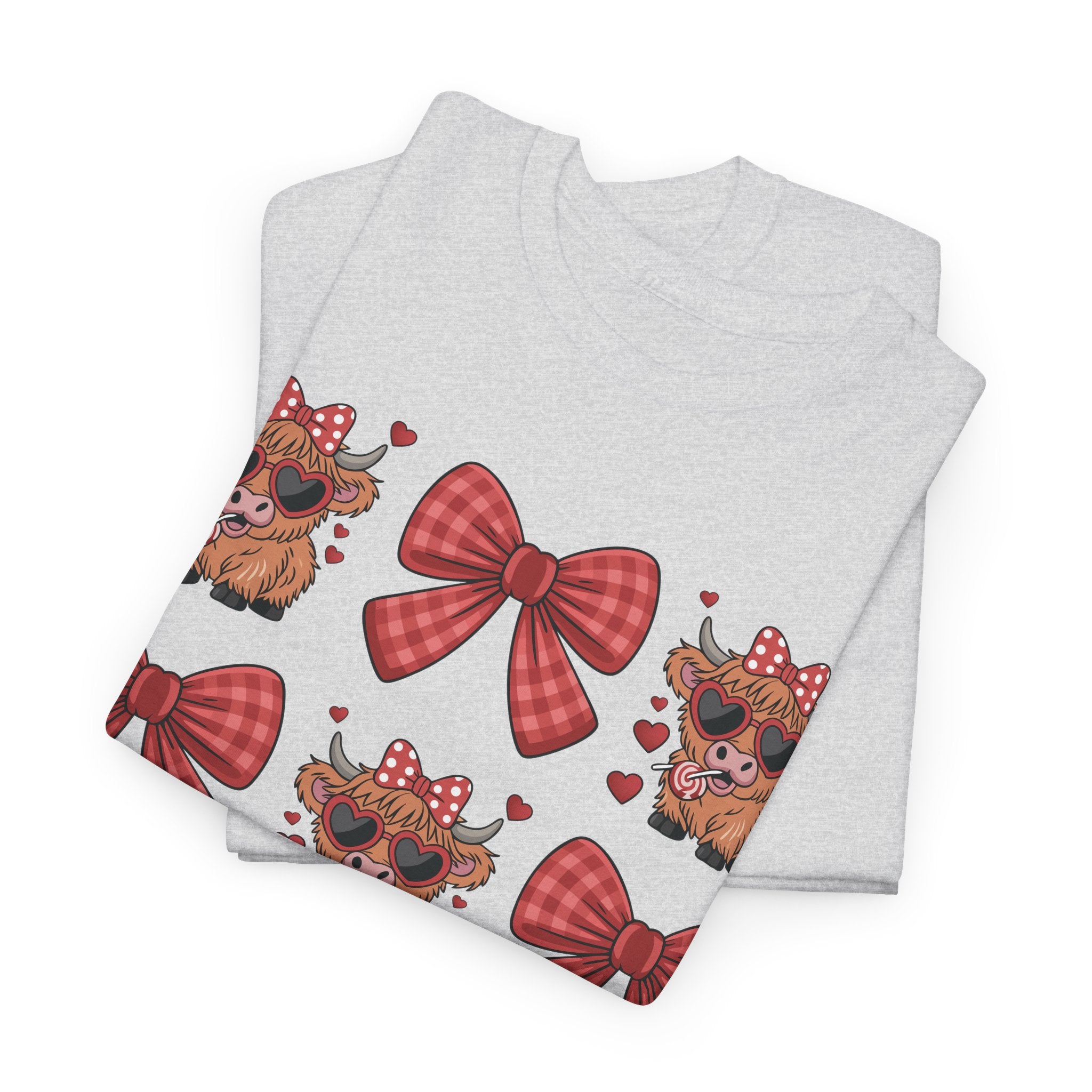 Valentine Cow Checkered Tee — Fluffy Cows with Heart Sunglasses & Red Bows..Unisex Cotton Tee