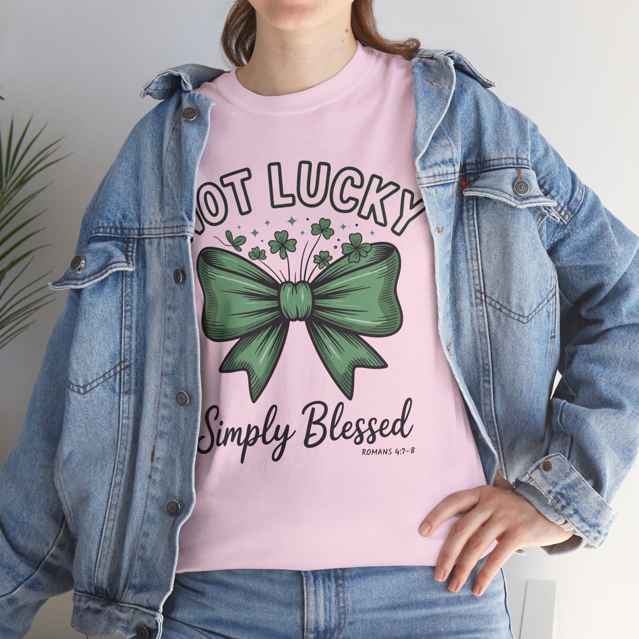 Not Lucky, Simply Blessed T-Shirt — Green Bow & Clovers St. Patrick’s Unisex Cotton Tee