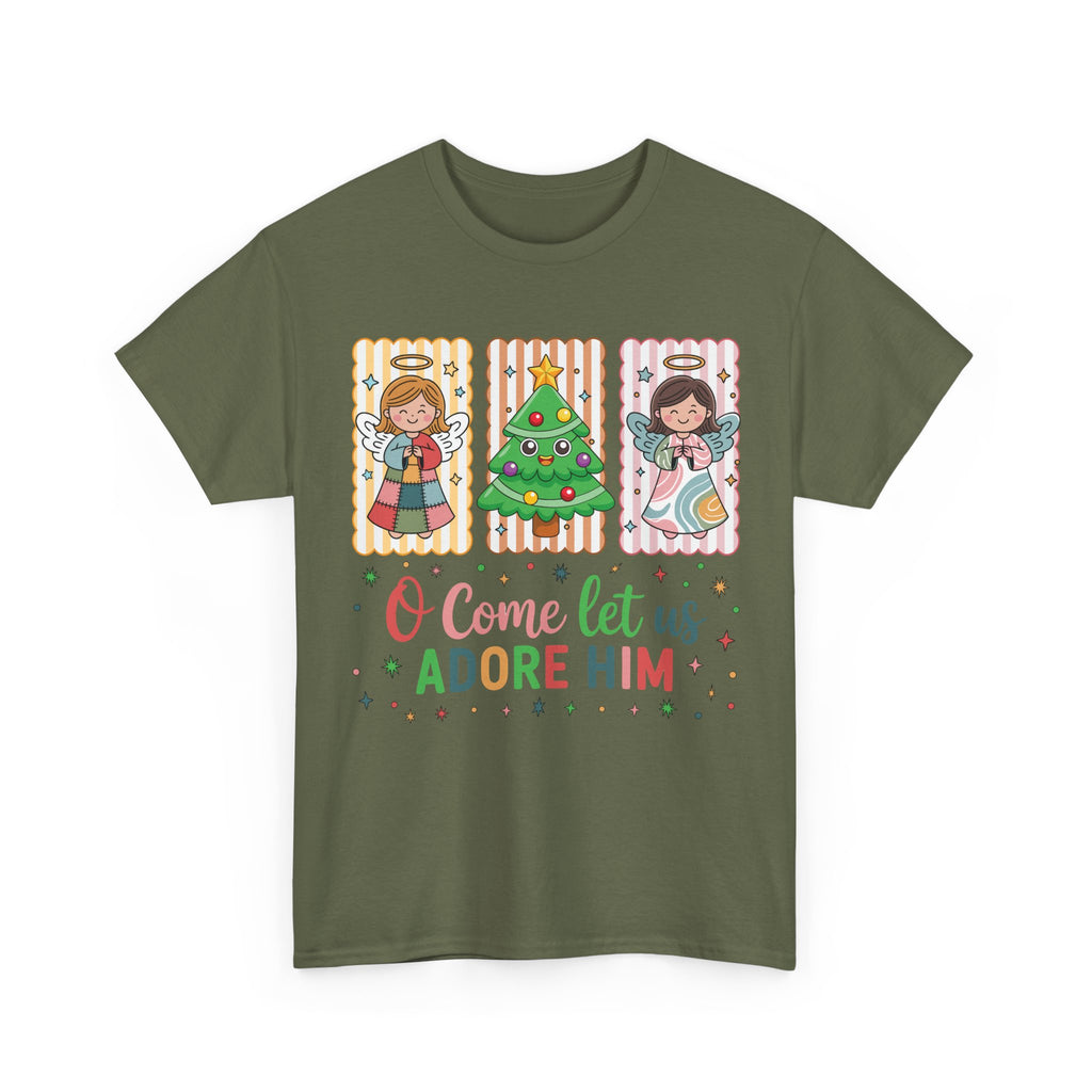 O Come Let Us Adore Him Christmas Tee — Smiling Angels & Happy Tree..Unisex Cotton Tee