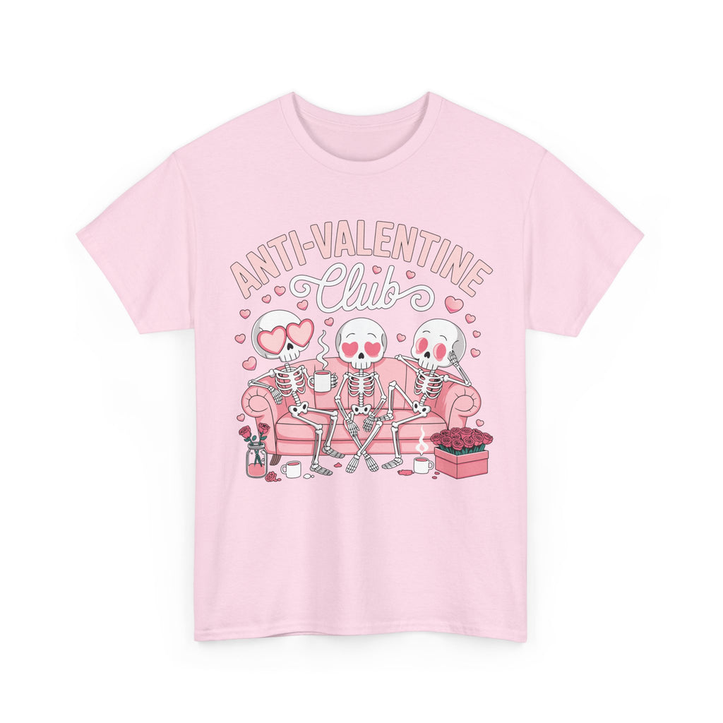 Anti-Valentine Club Skeleton Tee — Anti-Romance Pink Couch Graphic Unisex Cotton T-Shirt