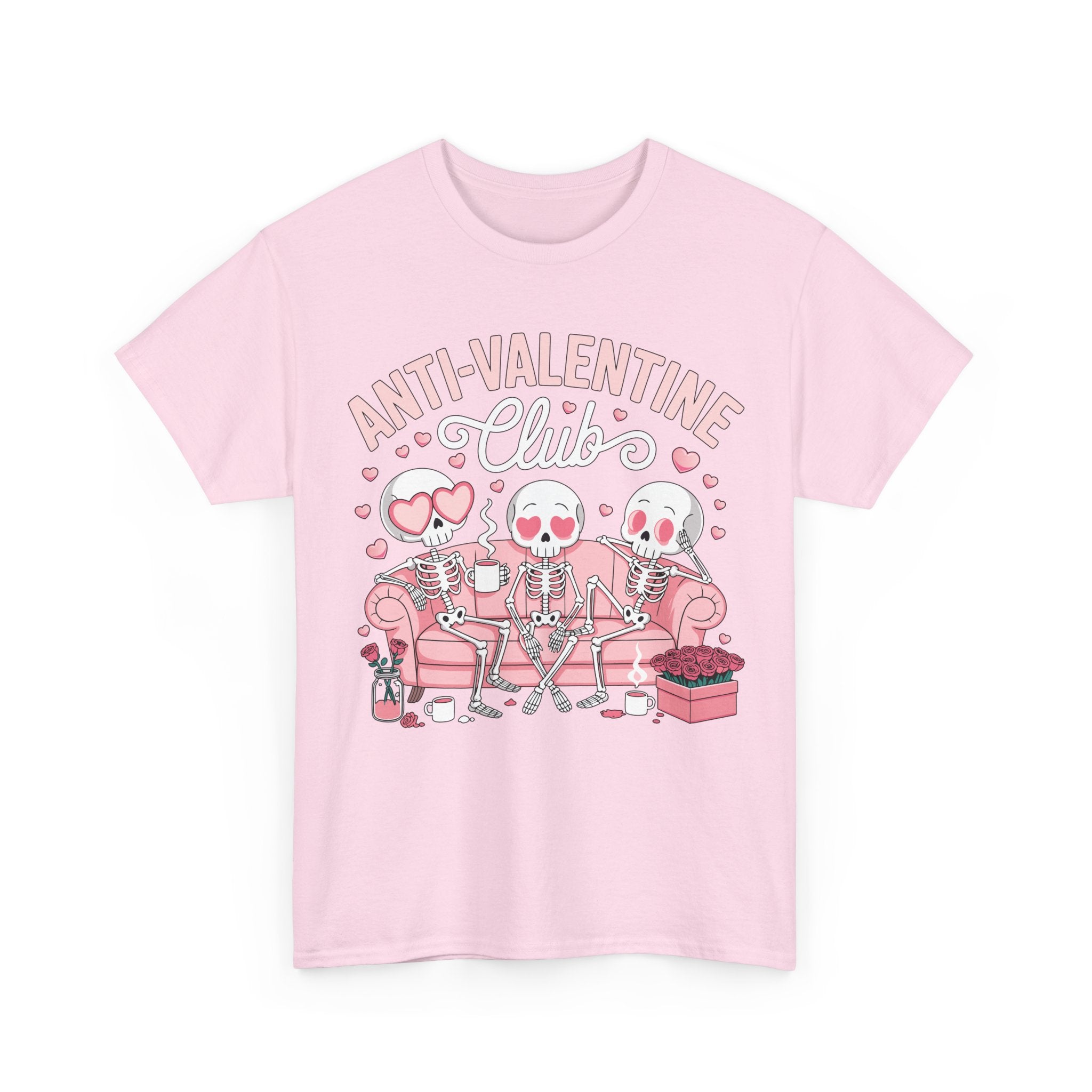 Anti-Valentine Club Skeleton Tee — Anti-Romance Pink Couch Graphic Unisex Cotton T-Shirt