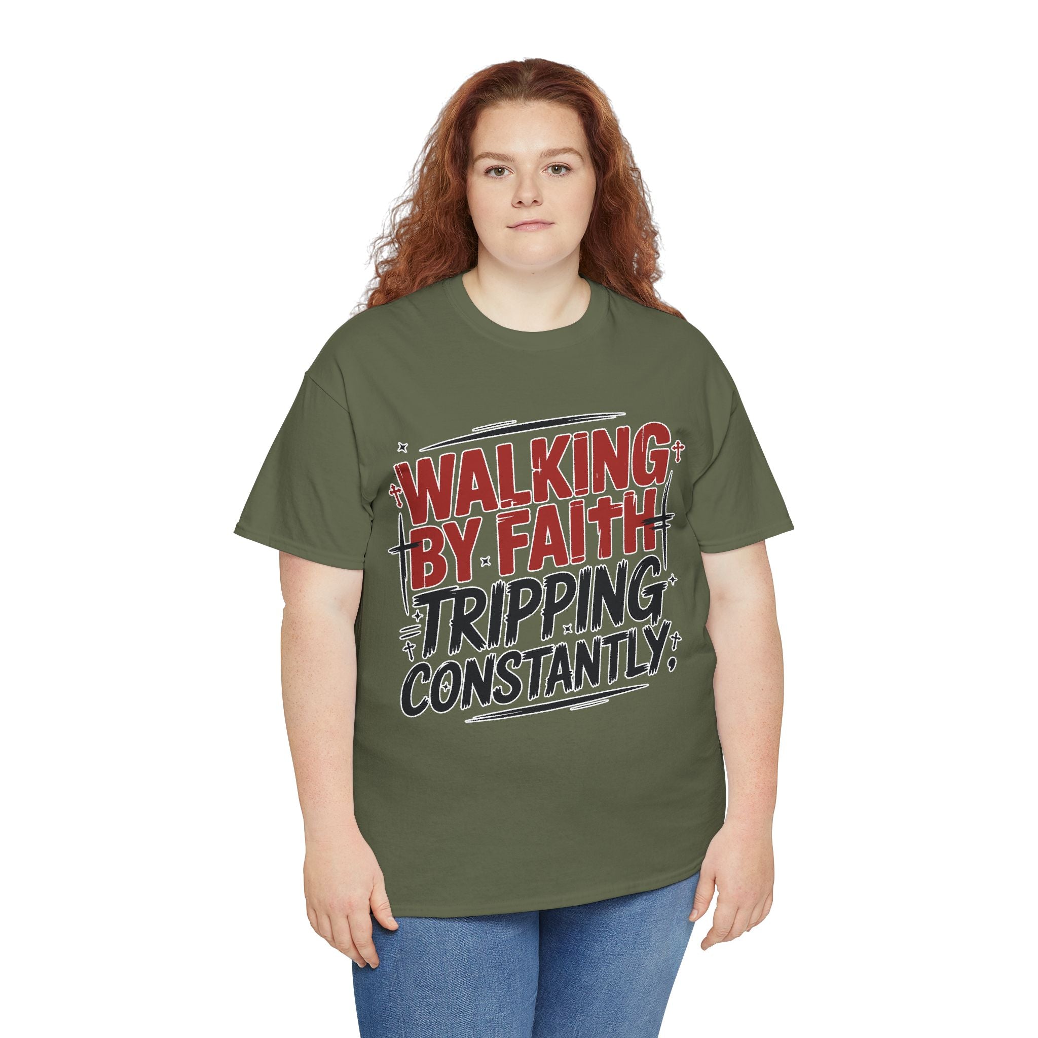 Walking by Faith, Tripping Constantly Unisex Cotton T-Shirt