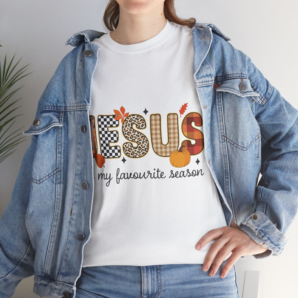 Jesus Is My Favorite Season Tee — Autumn Plaid & Leopard Lettering Unisex Cotton Tee