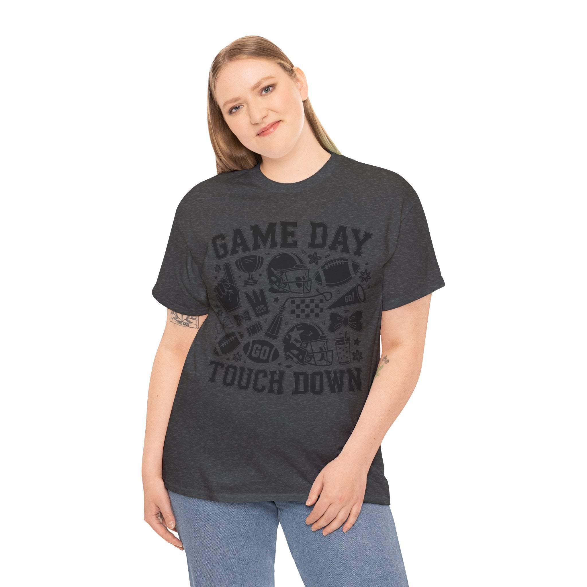 Game Day Touch Down Football T‑Shirt — Helmet & Cheer Monochrome Design Unisex Cotton Tee