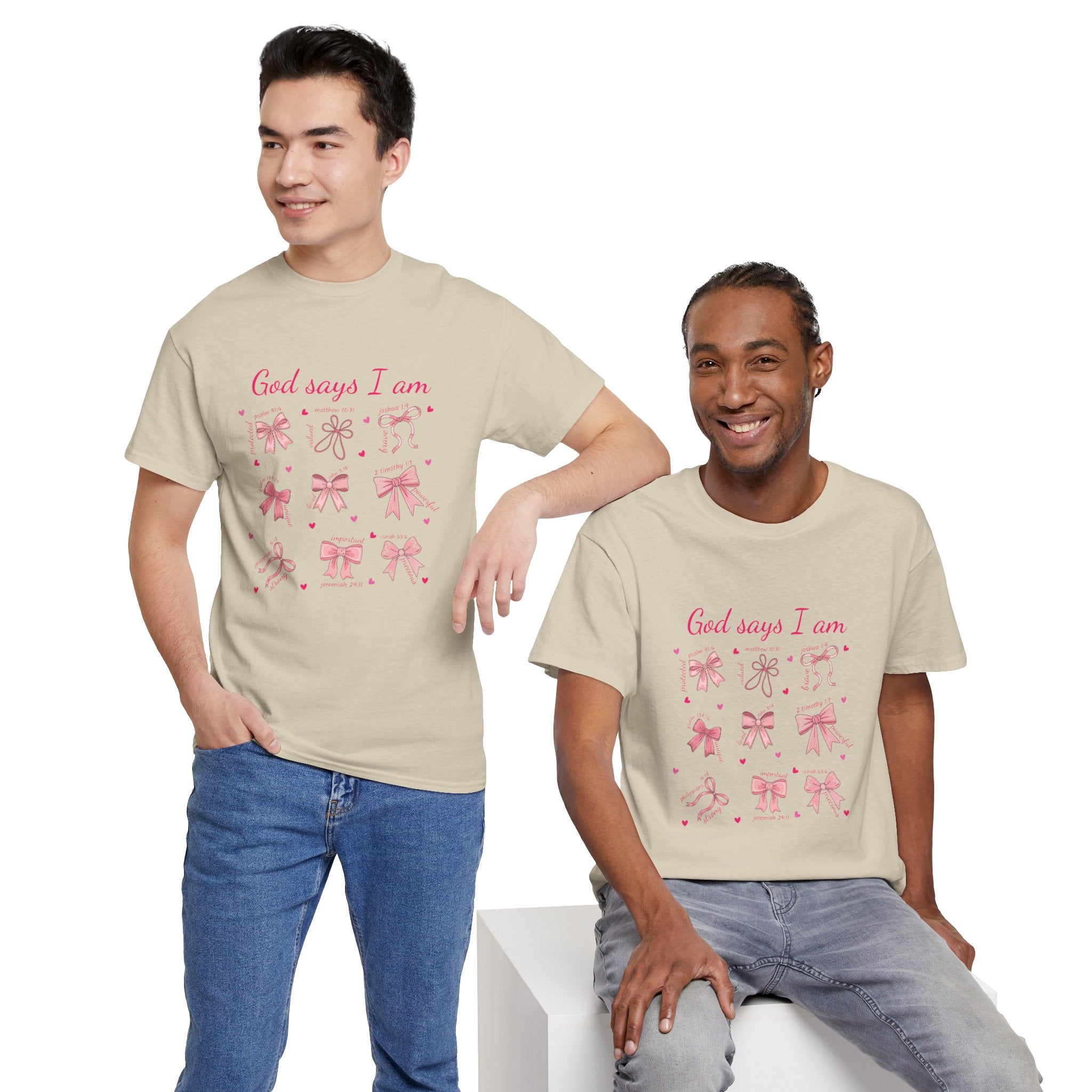 God Says I Am Christian Tee — Pink Affirmation T-Shirt with Bible Verse Bows.Unisex Cotton Tee