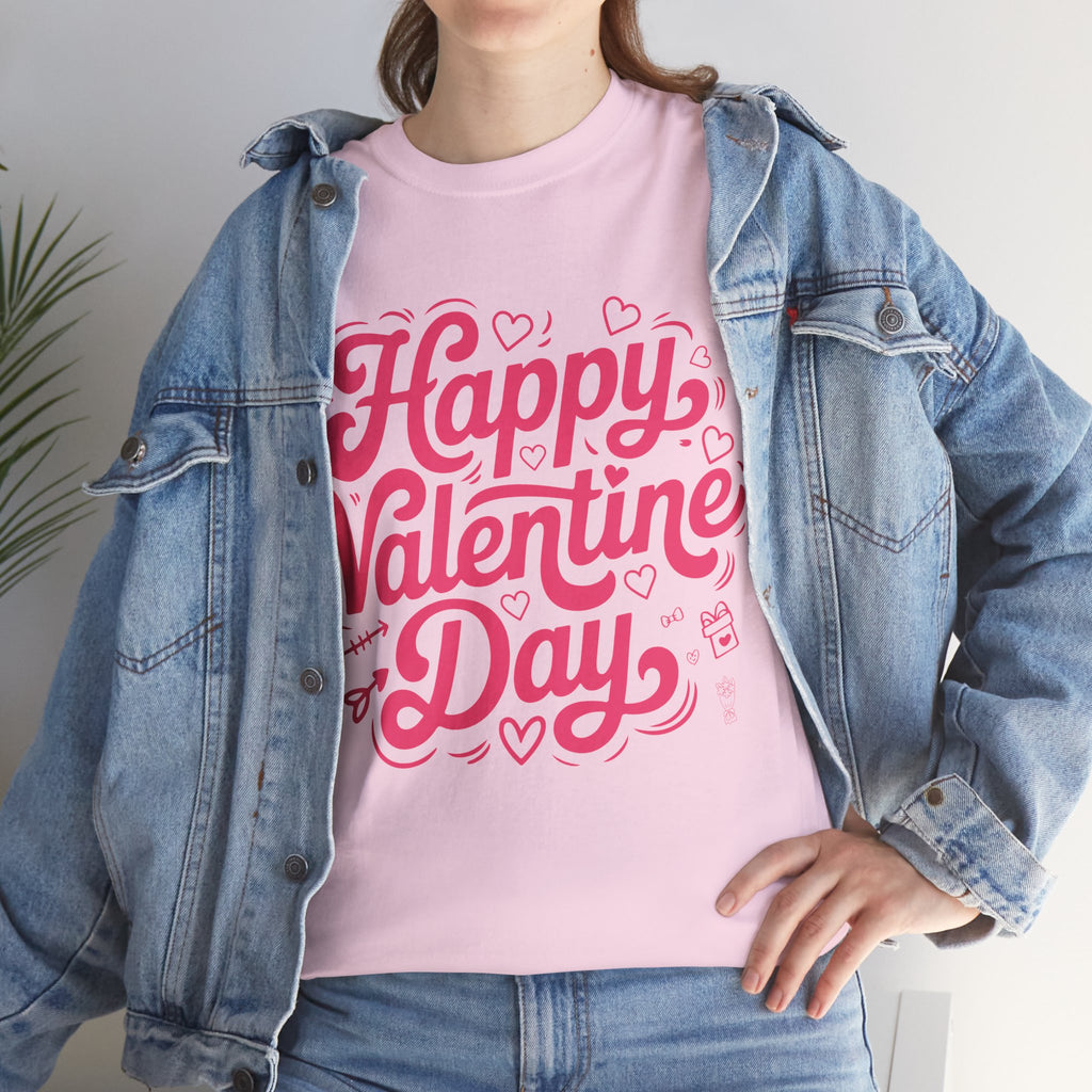 Happy Valentine Day Tee — Pink Heart & Love Icons Valentine's Unisex Cotton Shirt