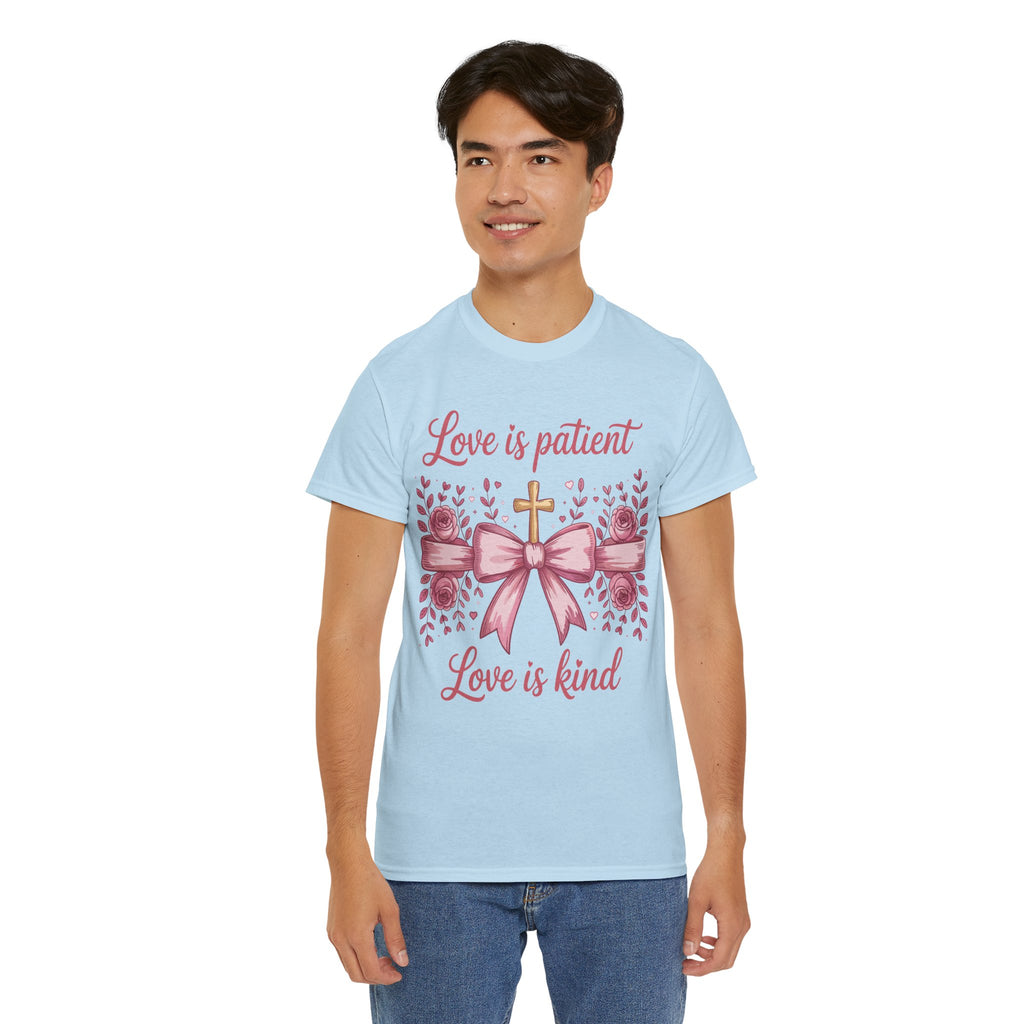 Christian Floral Tee — "Love is Patient, Love is Kind" Pink Rose Cross. Unisex Cotton Tee