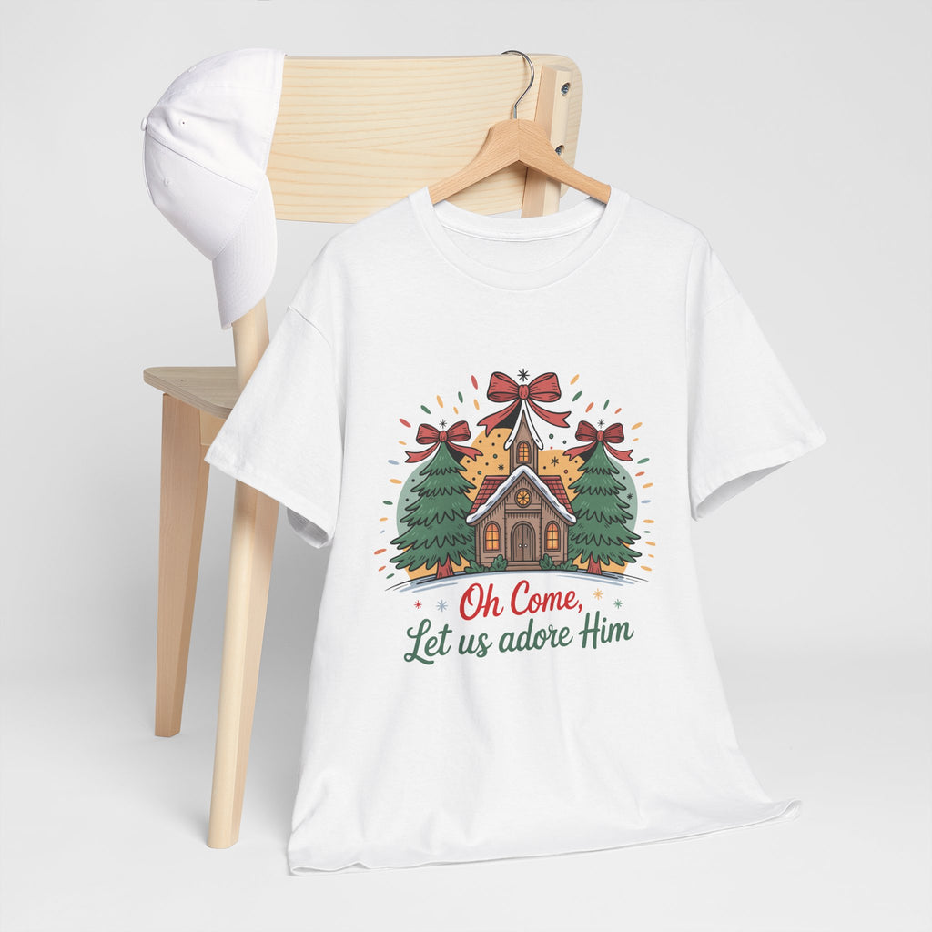 Oh Come Let Us Adore Him Christmas Tee — Church & Trees Holiday Unisex Cotton Tshirt