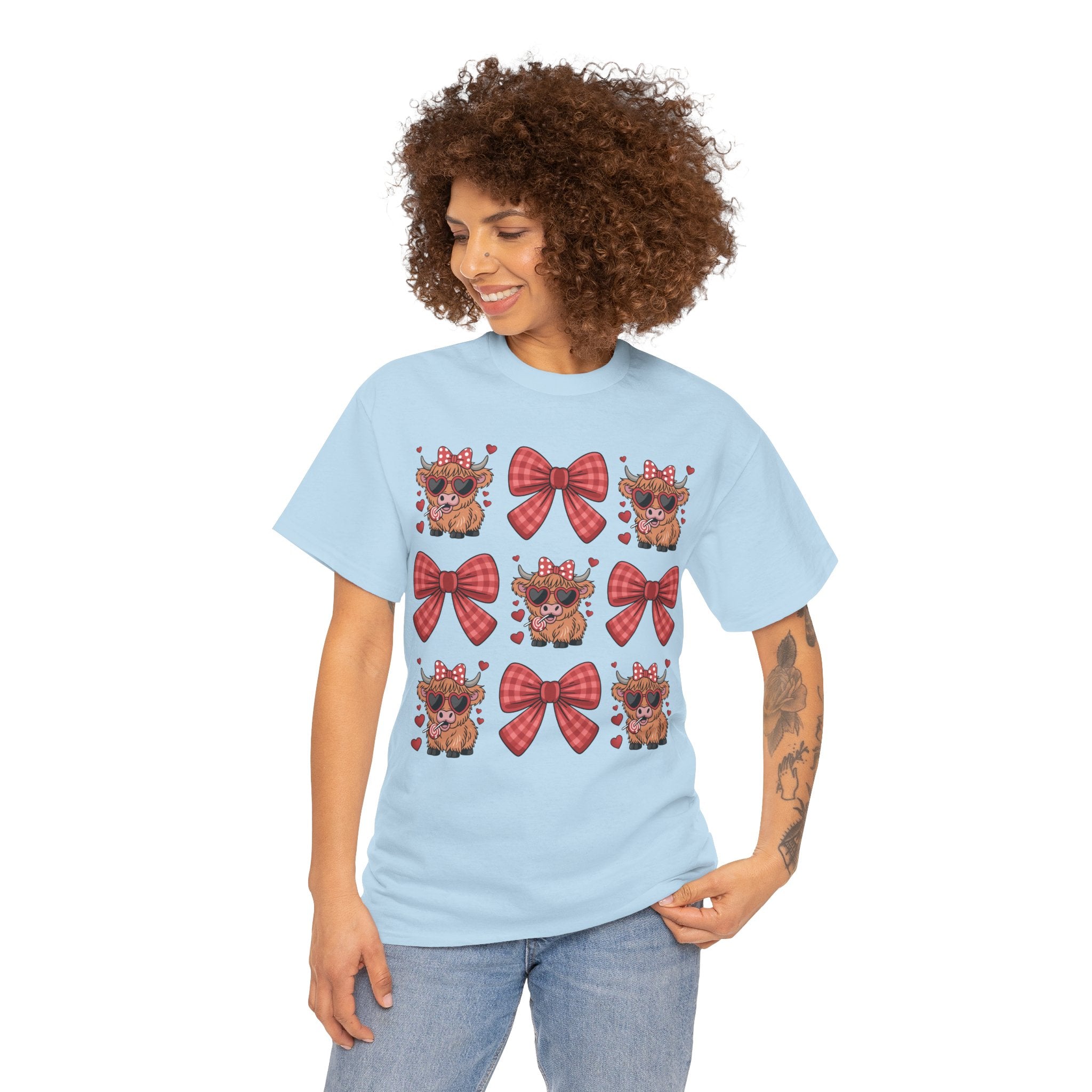 Valentine Cow Checkered Tee — Fluffy Cows with Heart Sunglasses & Red Bows..Unisex Cotton Tee