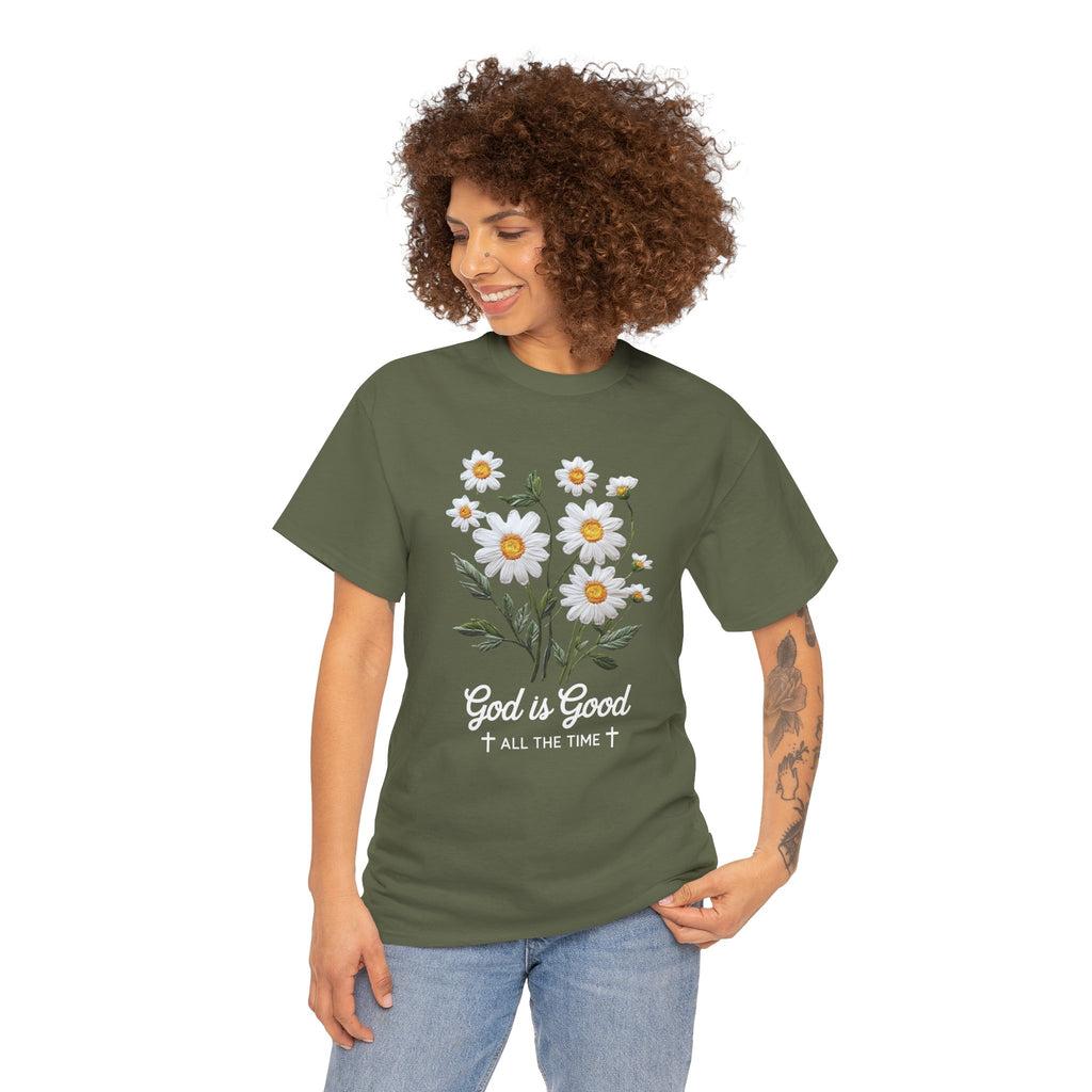 God Is Good All The Time Embroidered Daisy Unisex Cotton Tee