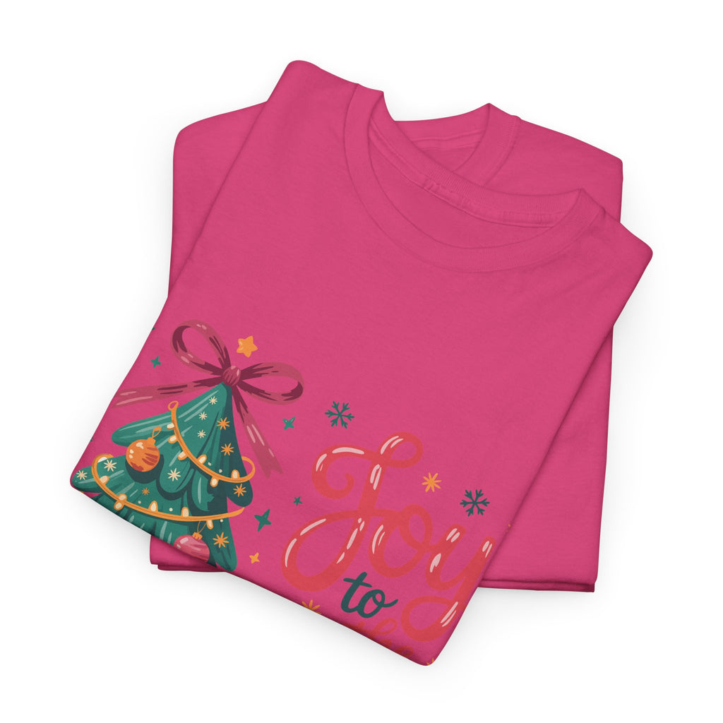 Joy to the World Christmas Tee — Festive Tree with Pink Bow..Unisex Cotton Tee