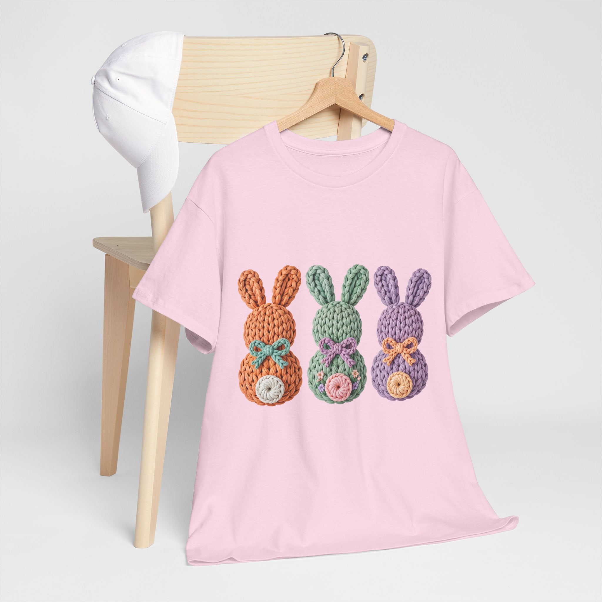 Pastel Crochet Bunny Tee — Trio of Faux Knit Bunnies with Bows & Flowers Unisex Cotton Tee